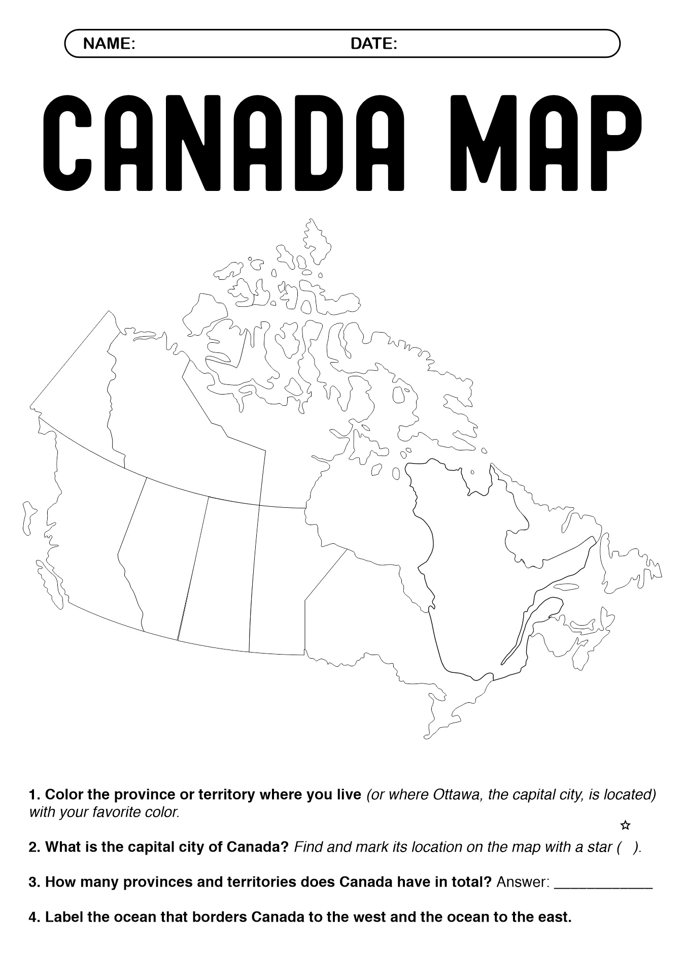 Printable Canada Map Blank Worksheet for Geography Class