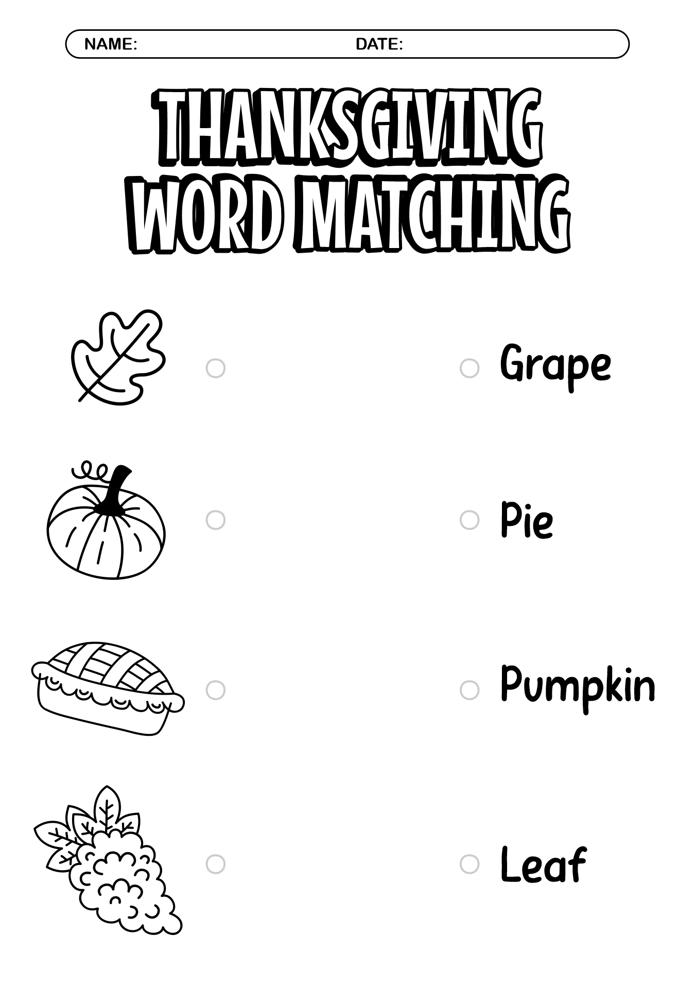 Printable Thanksgiving Vocabulary Matching Worksheets