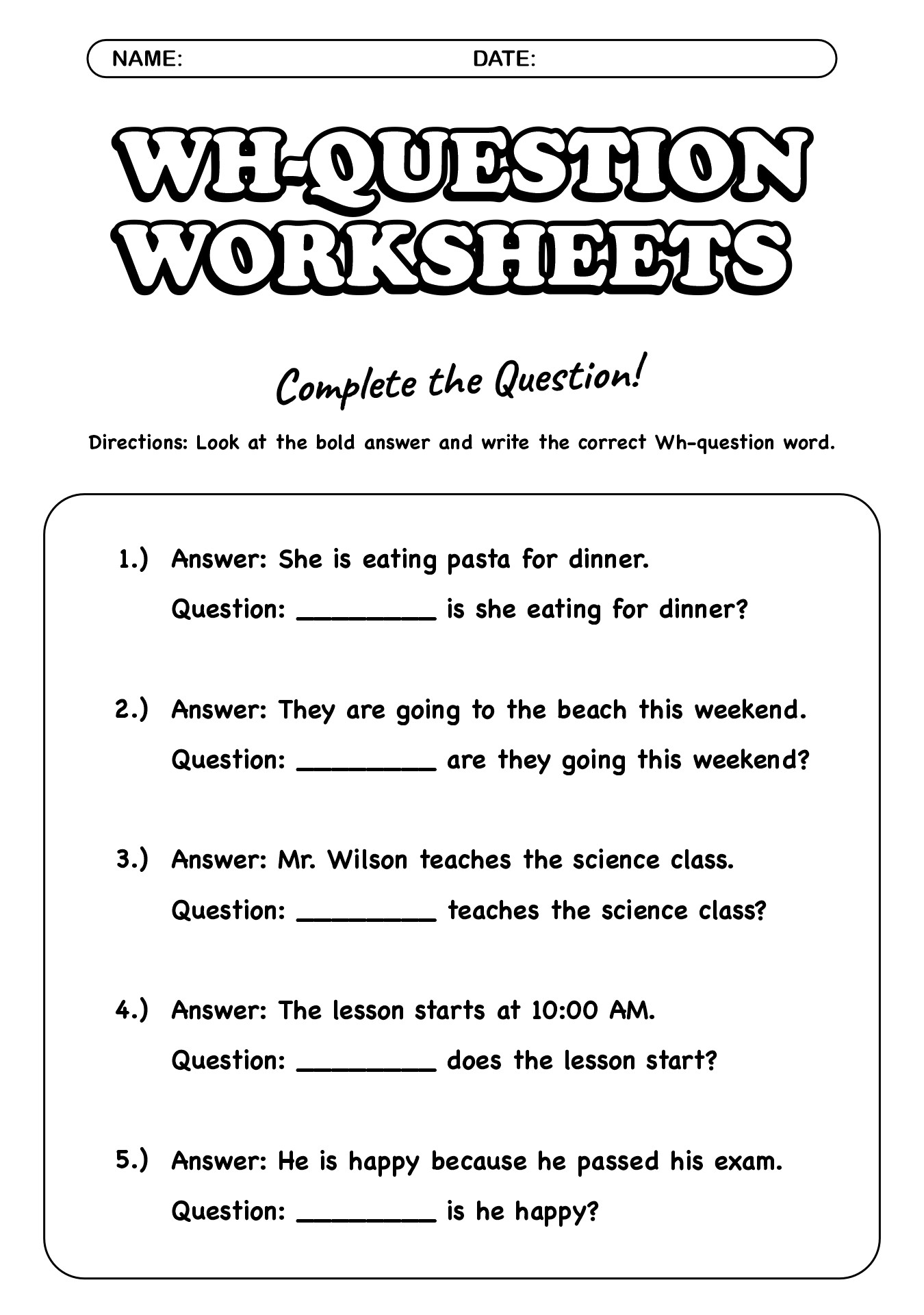 Printable Wh-Question Worksheets for ESL Students