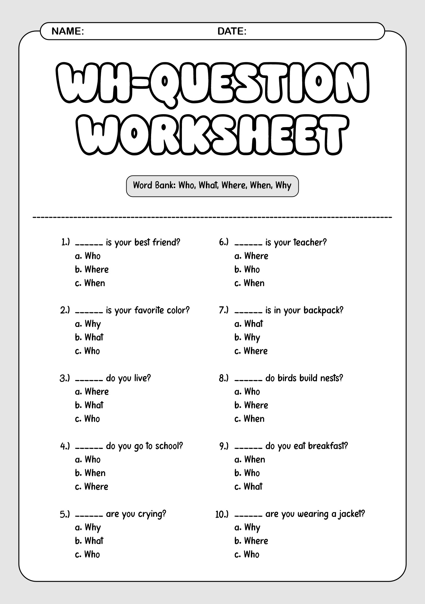 Printable Wh-Question Worksheets for First Grade