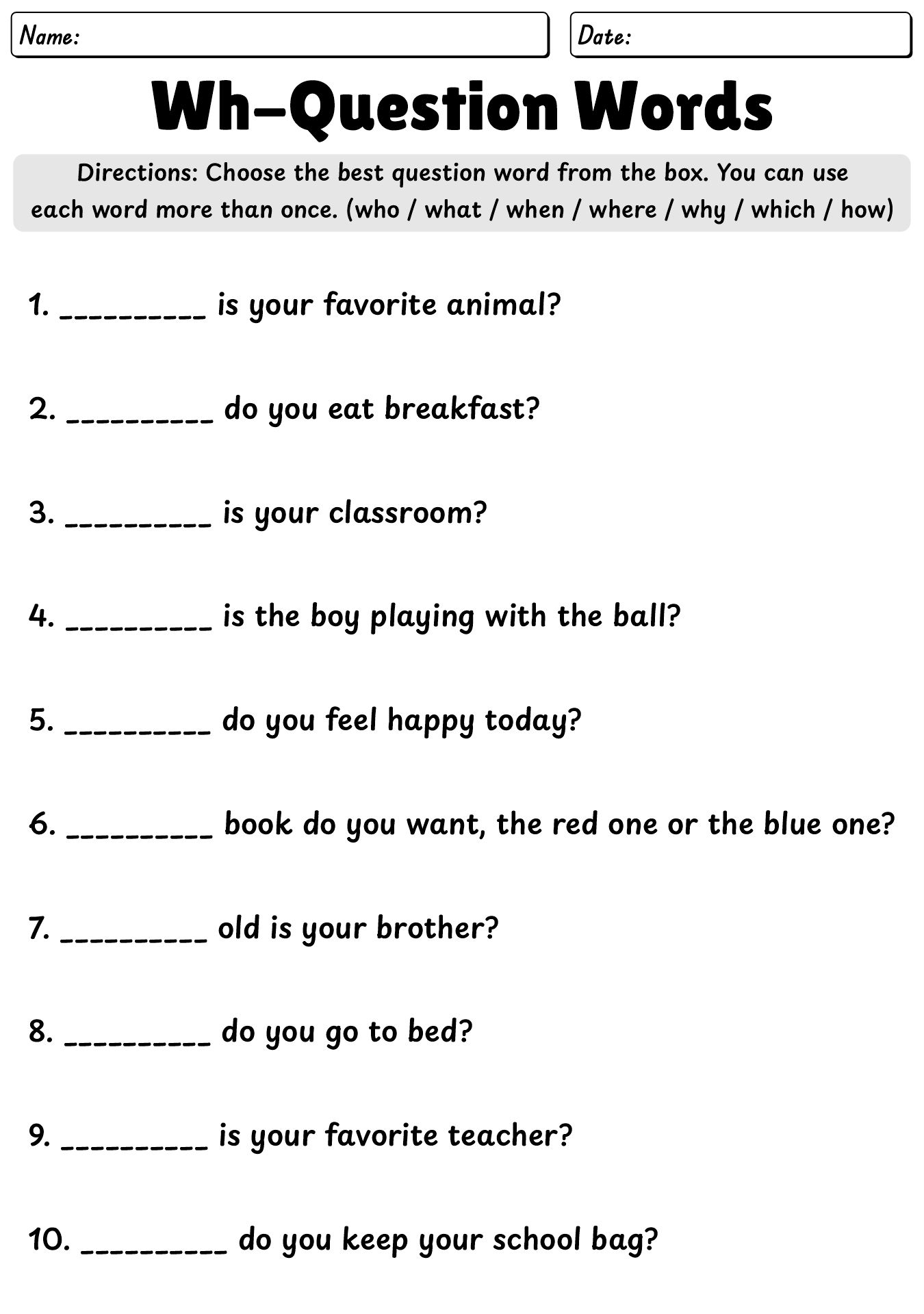 Printable Wh-Question Worksheets for Grade 1
