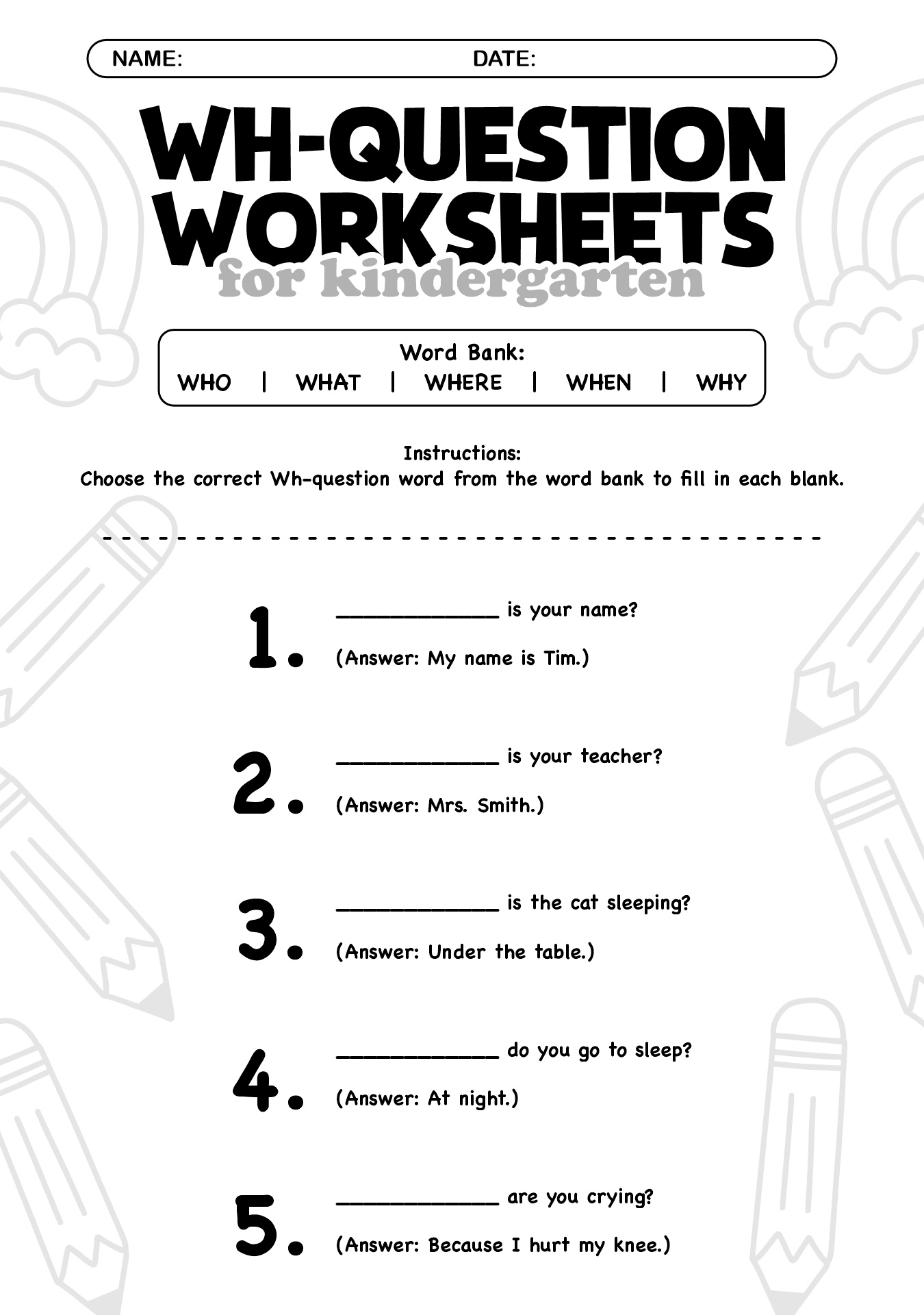 Printable Wh-Question Worksheets for Kindergarten