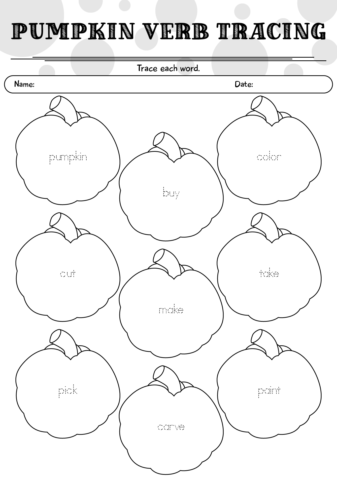 Pumpkin Verb Tracing Worksheet