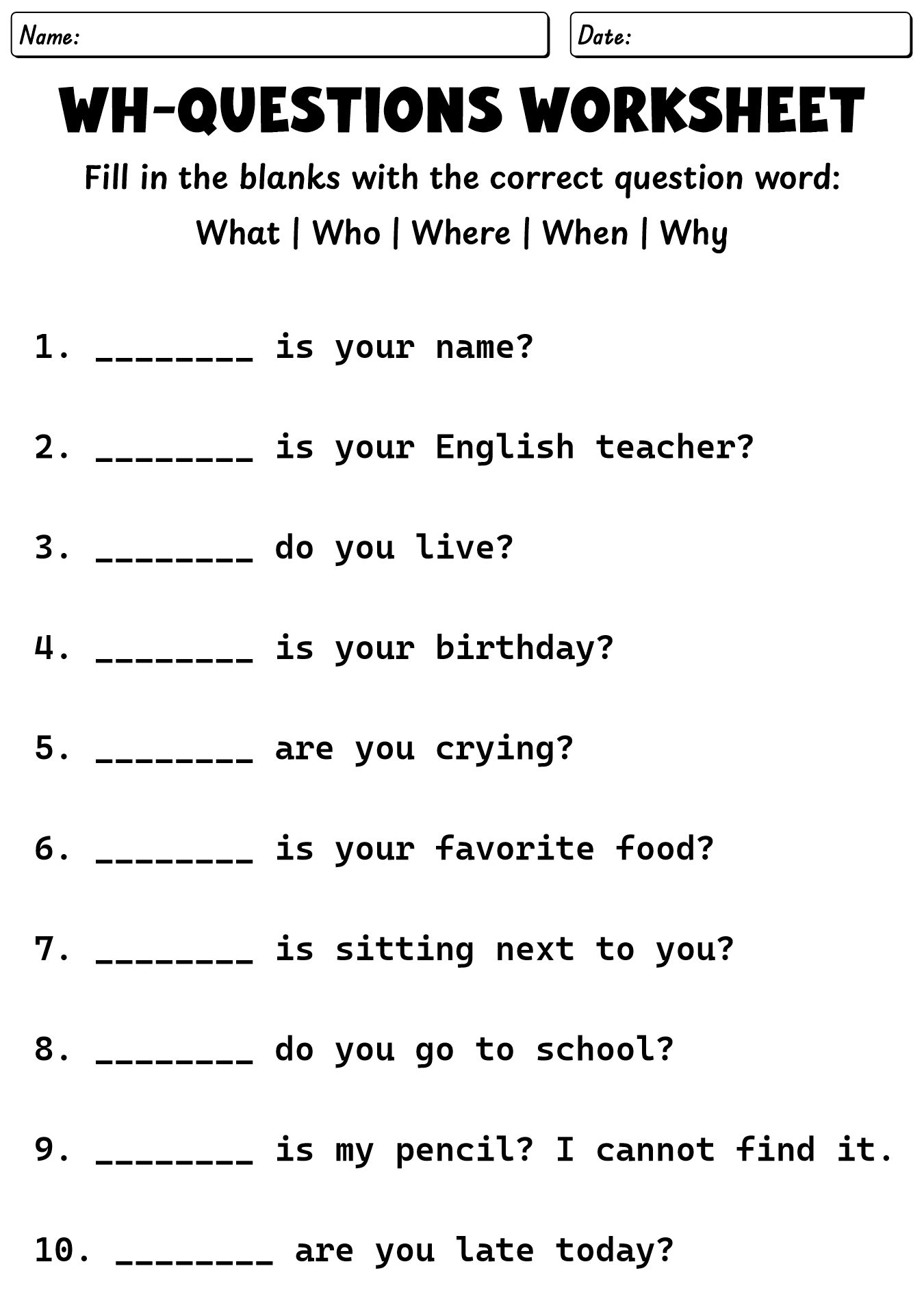Question Words Worksheet For Students