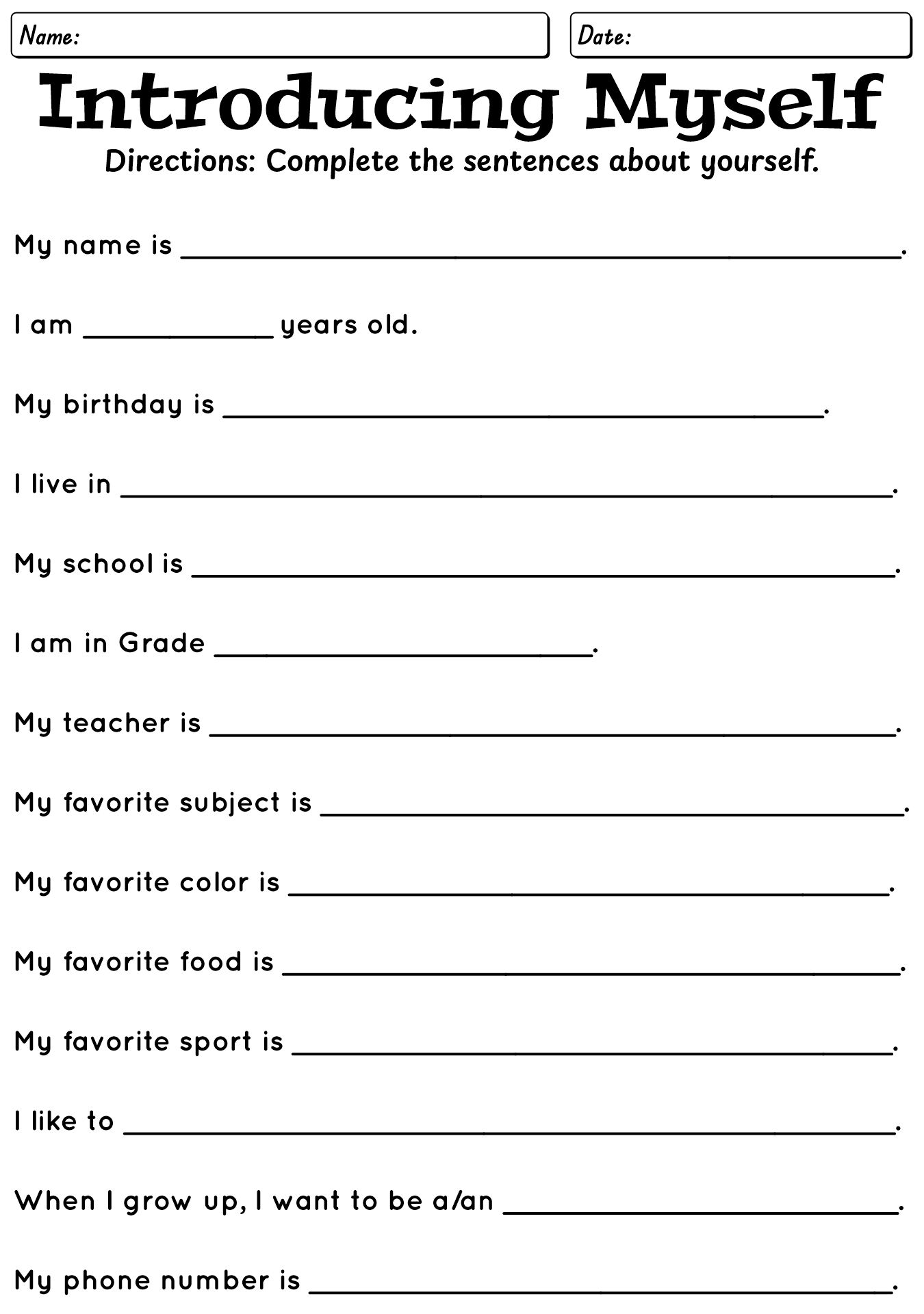 Self Introduction Activity Worksheet for 1st Grade