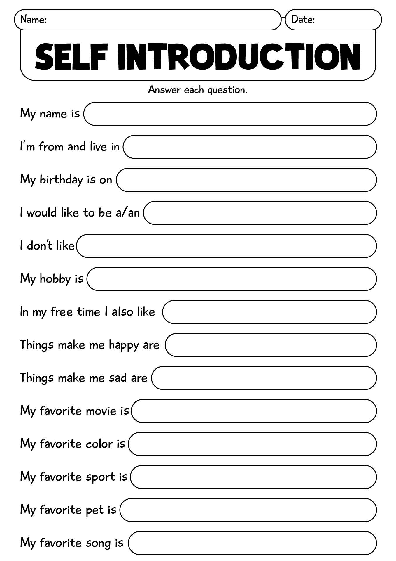 Self Introduction ESL Worksheets