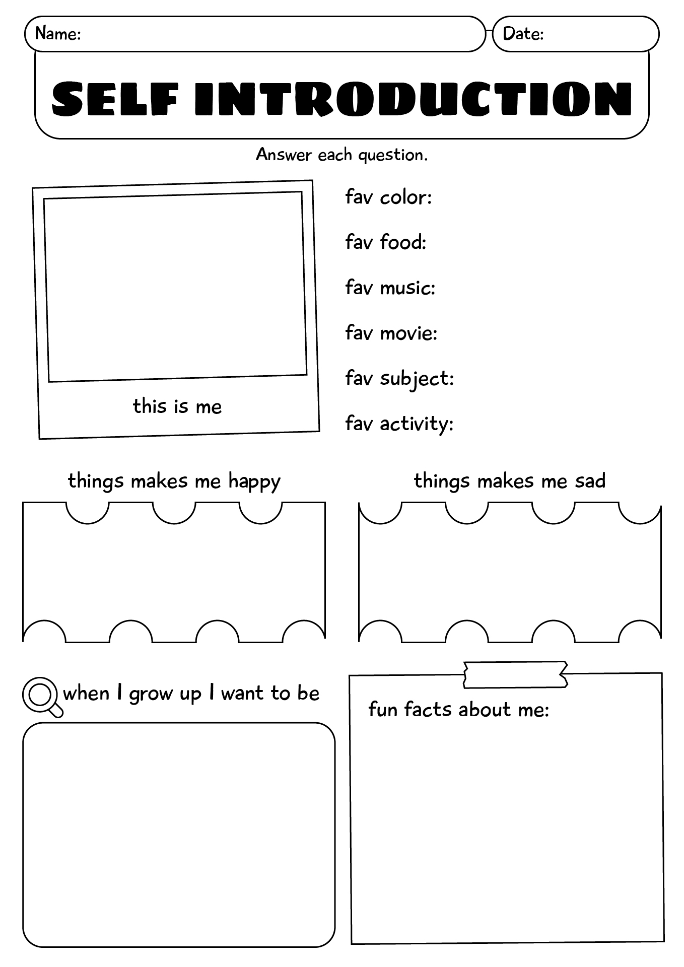 Simple Self Introduction Worksheet For Kids