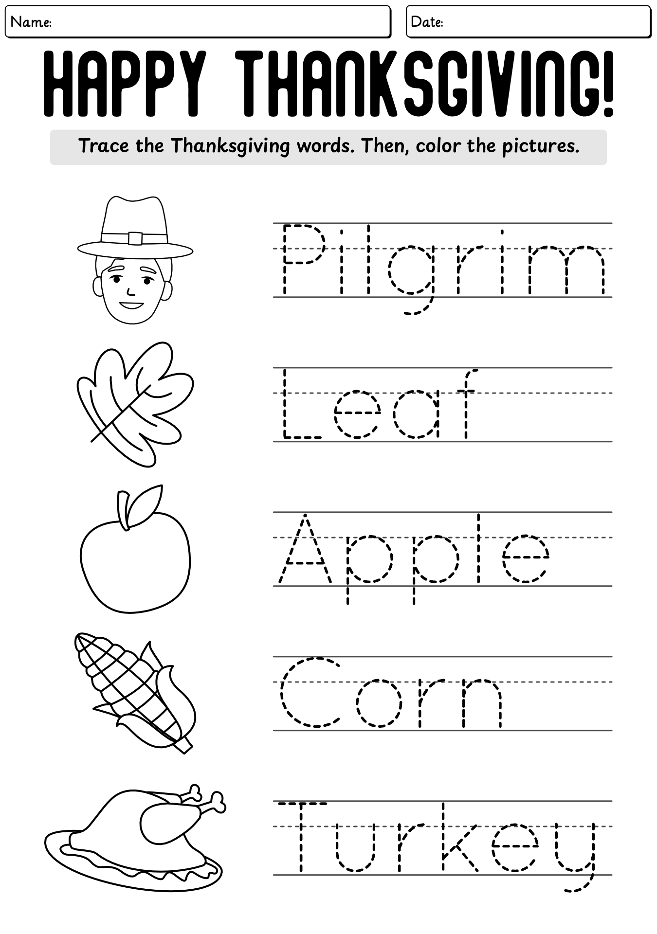Thanksgiving Alphabet Writing And Coloring Worksheet