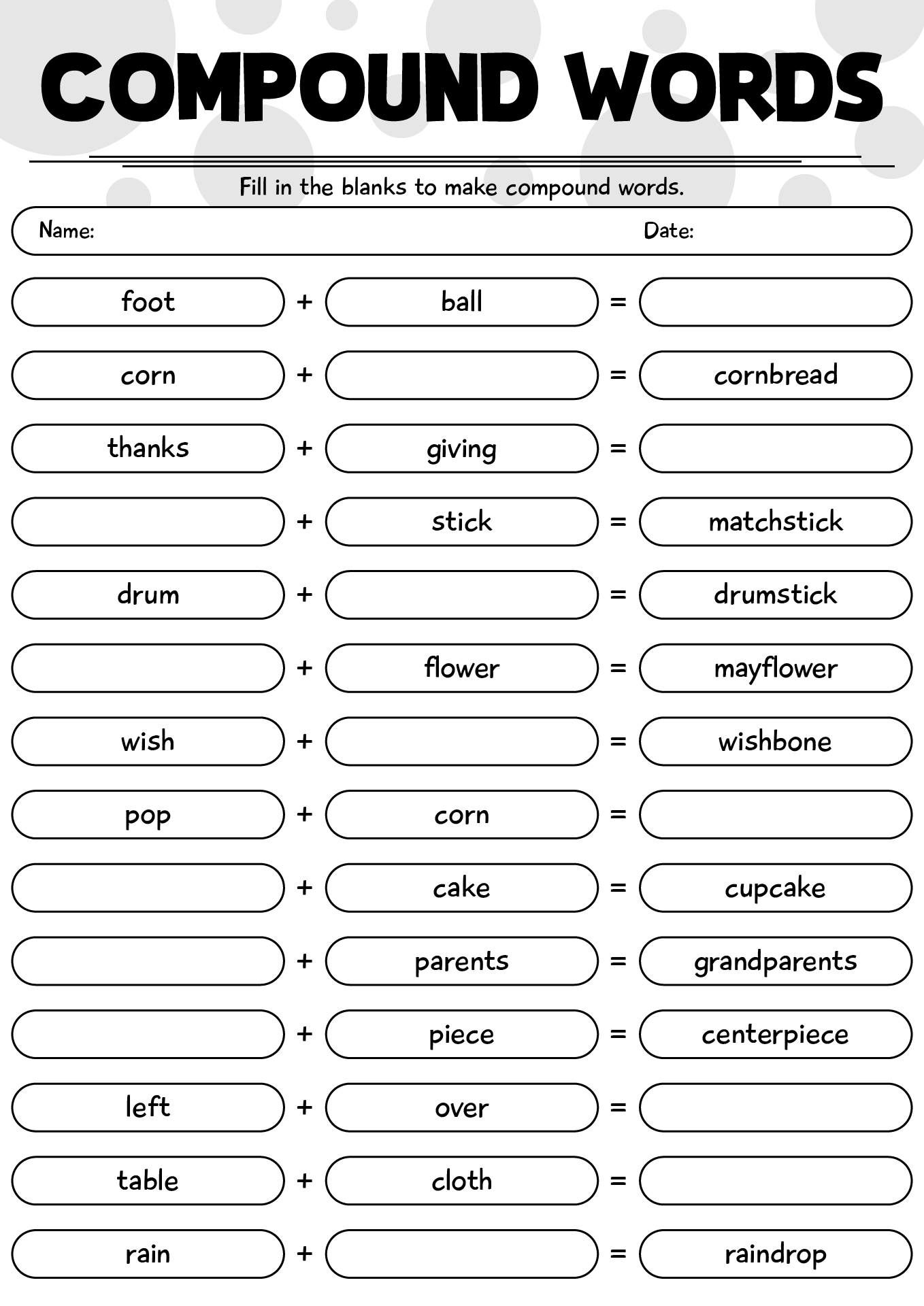 Thanksgiving Compound Words Worksheet