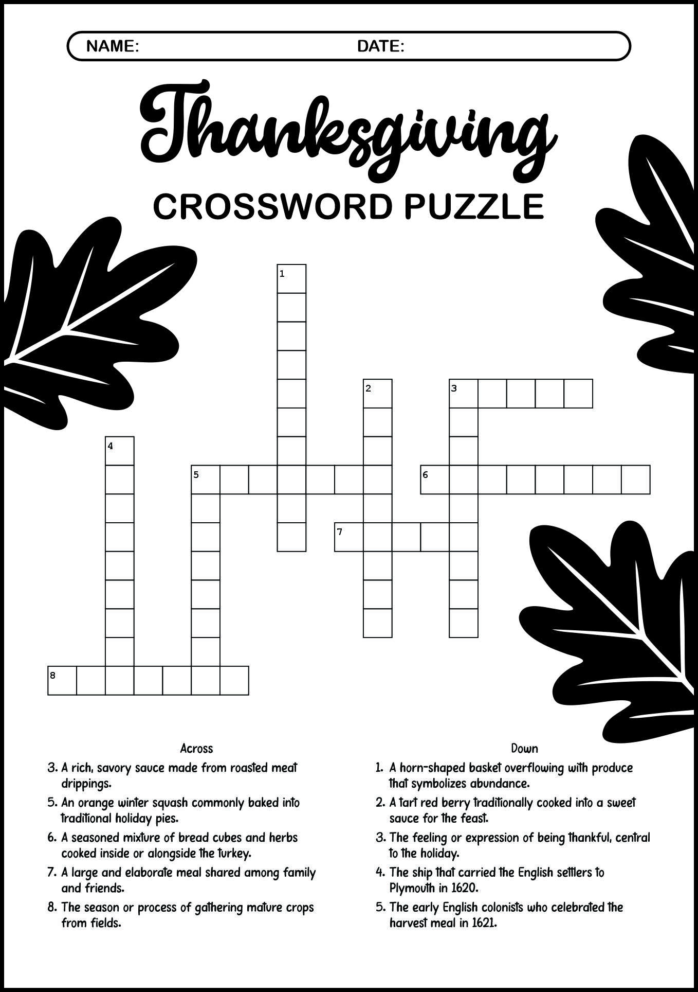 Thanksgiving Crossword Puzzle Worksheets