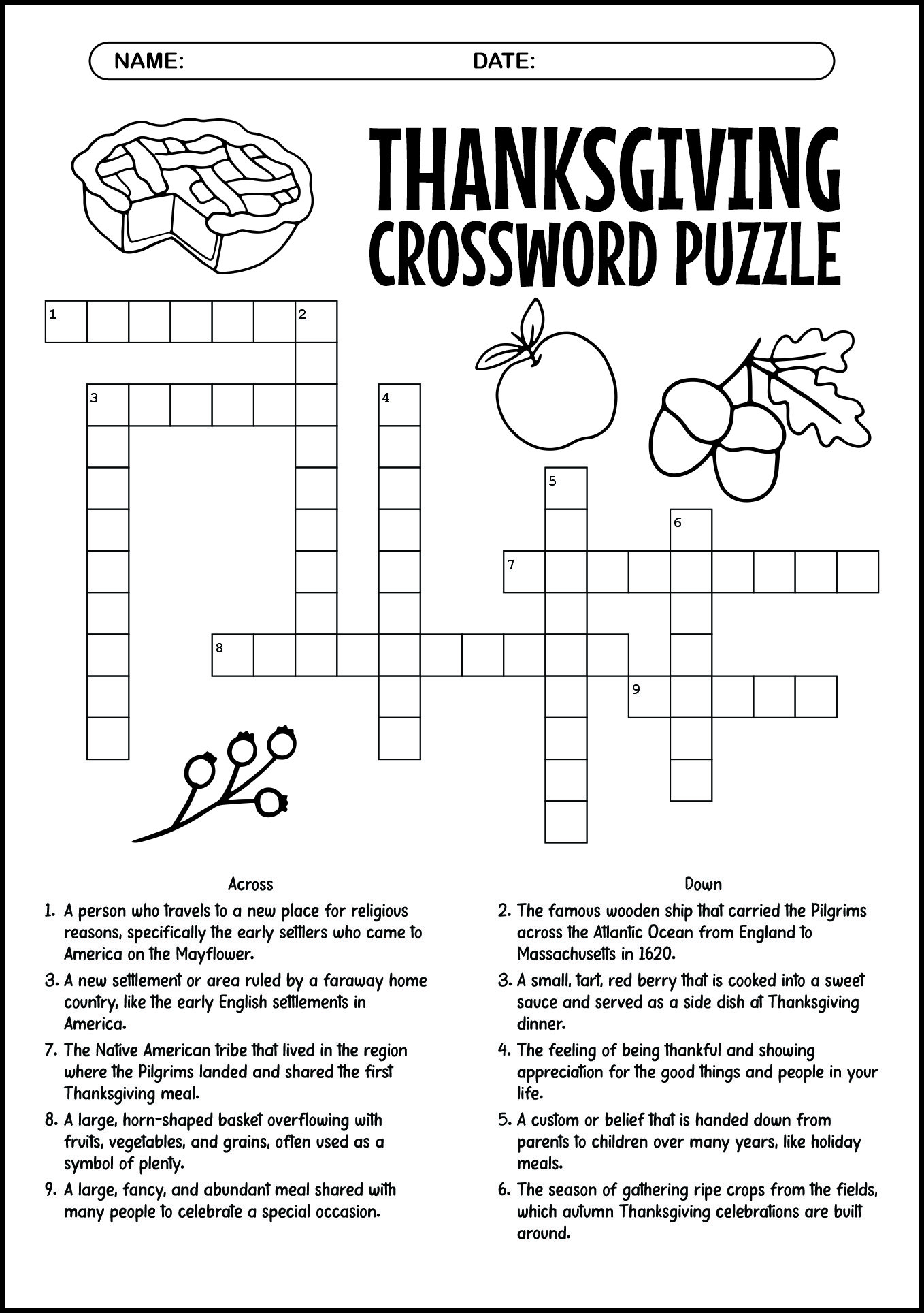 Thanksgiving Crossword Puzzles for 4th Grade
