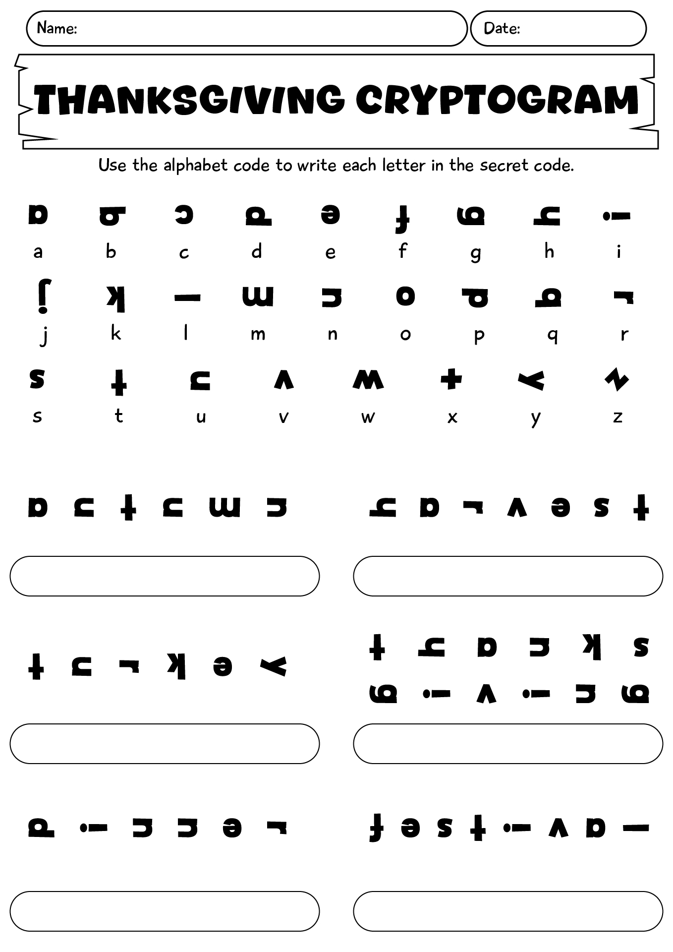 Thanksgiving Cryptogram For Kids Worksheet