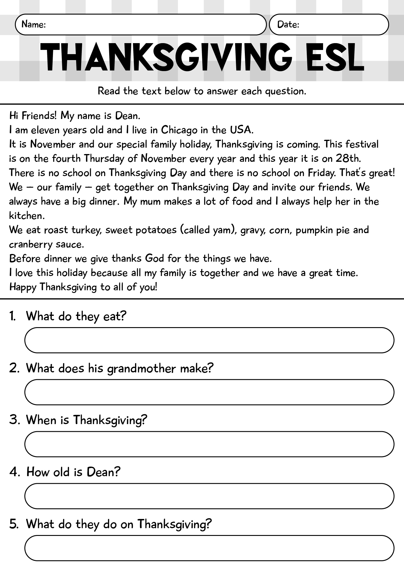 Thanksgiving Day English ESL Worksheets
