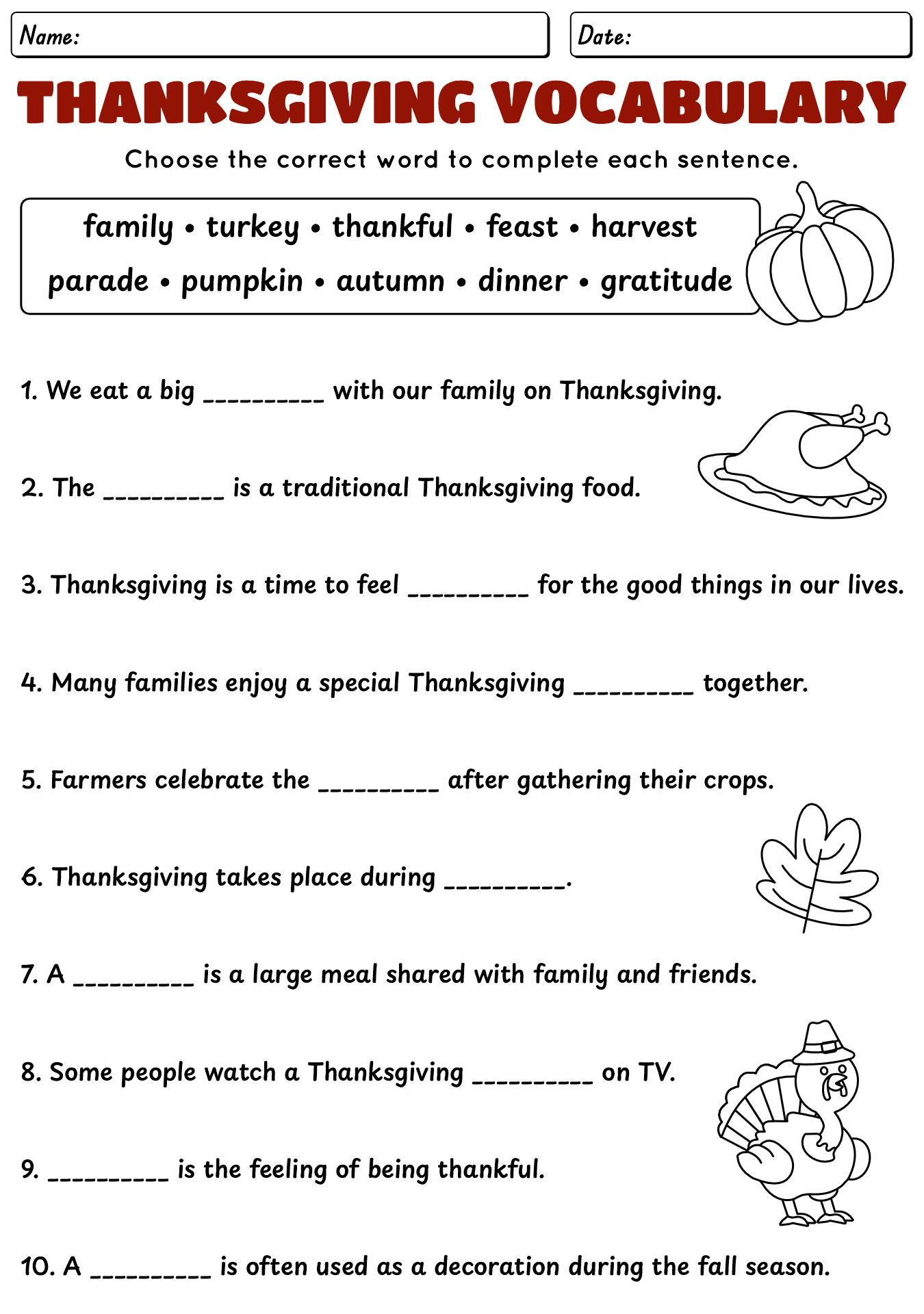 Thanksgiving English Language Arts Worksheet
