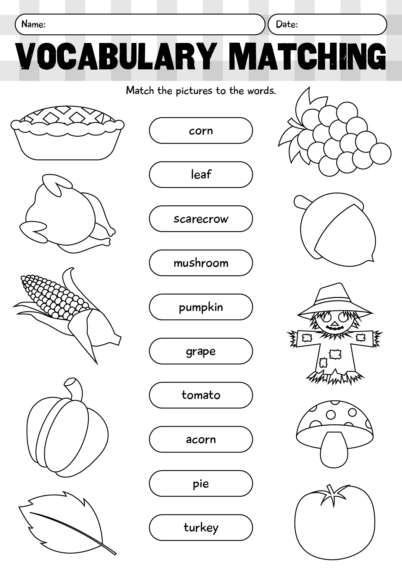 Thanksgiving ESL Vocabulary Matching Worksheet