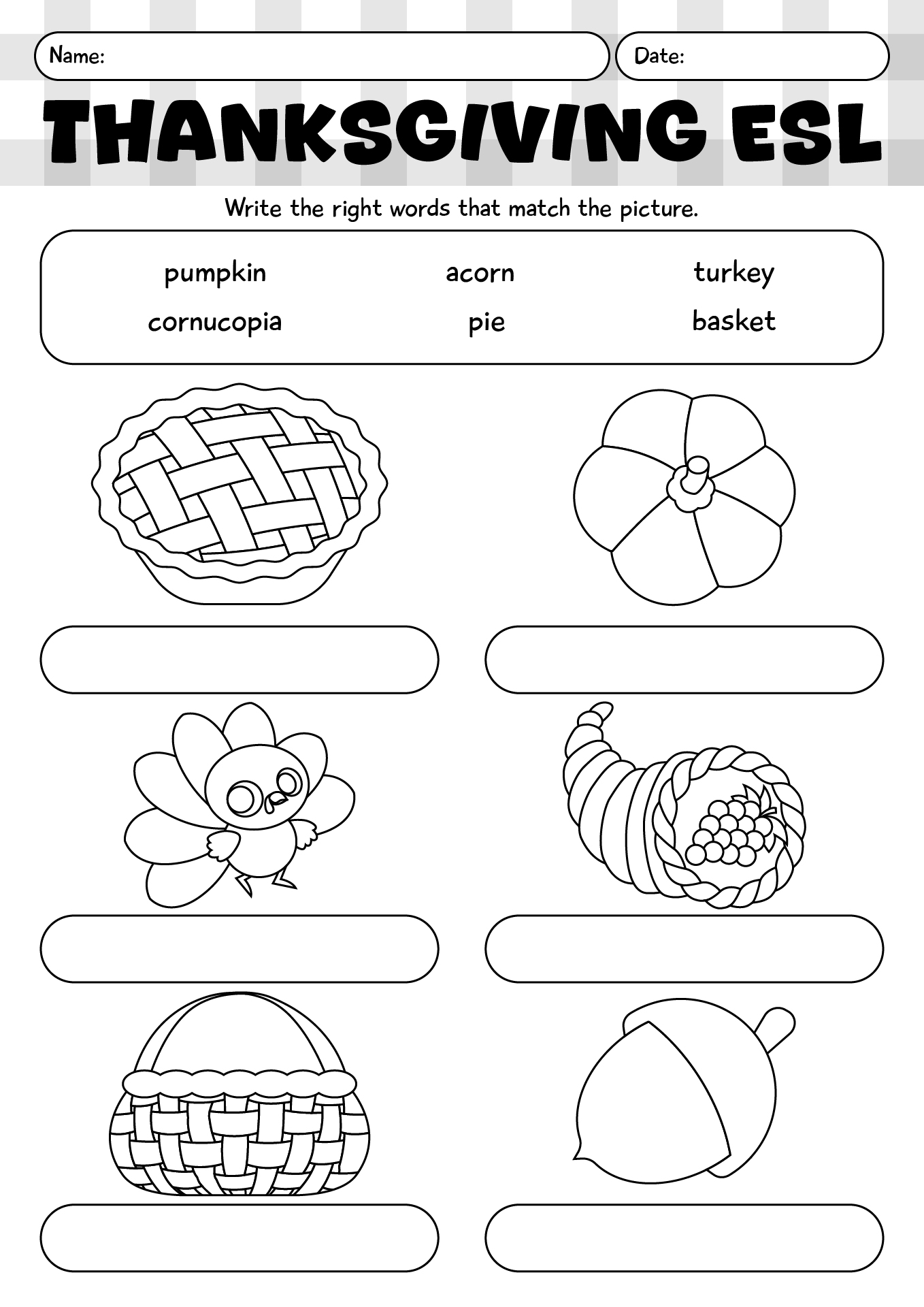 Thanksgiving ESL Vocabulary Worksheets