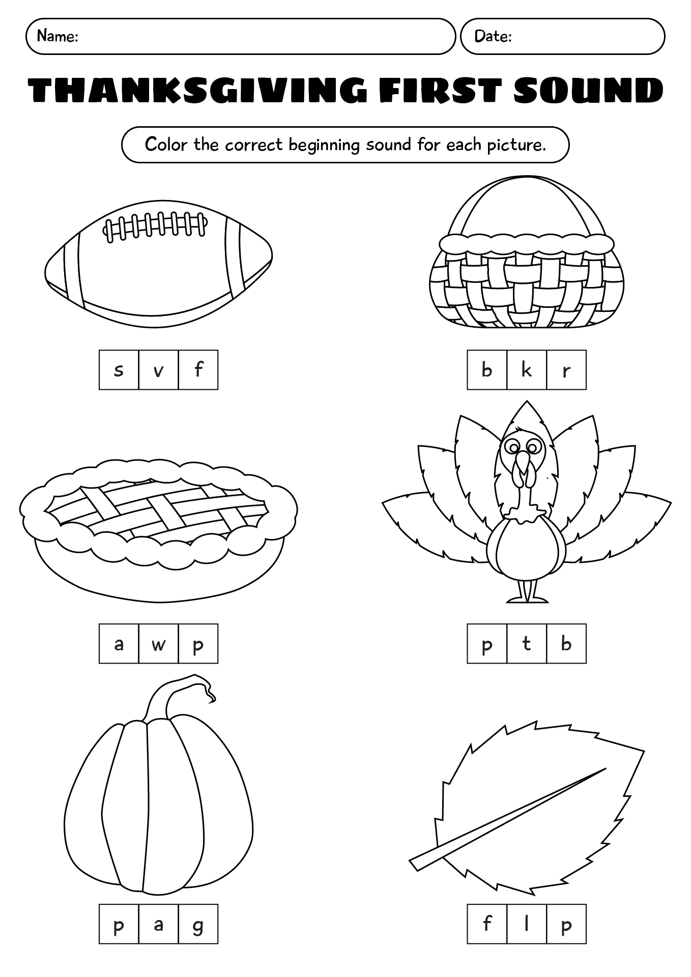 Thanksgiving First Sound Worksheet