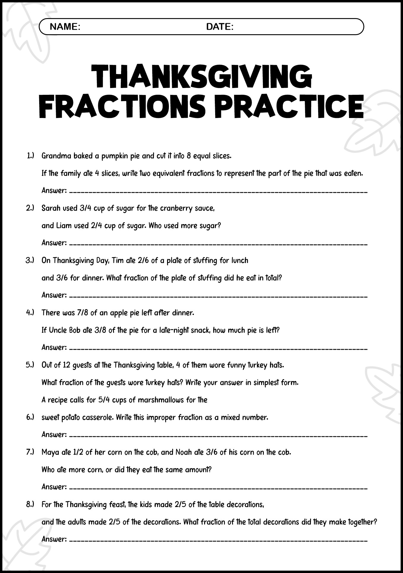 Thanksgiving Fractions Worksheets 4th Grade