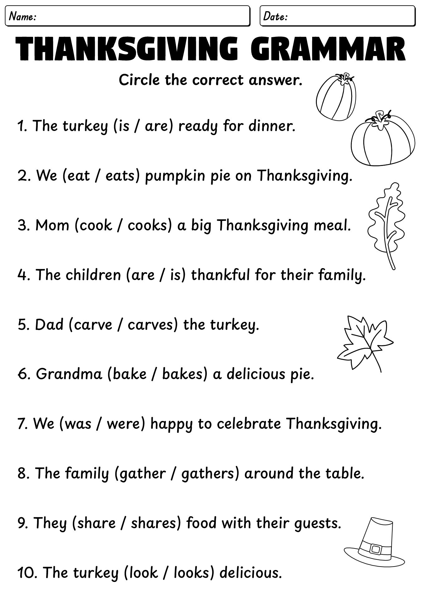 Thanksgiving Grammar Practice Worksheets