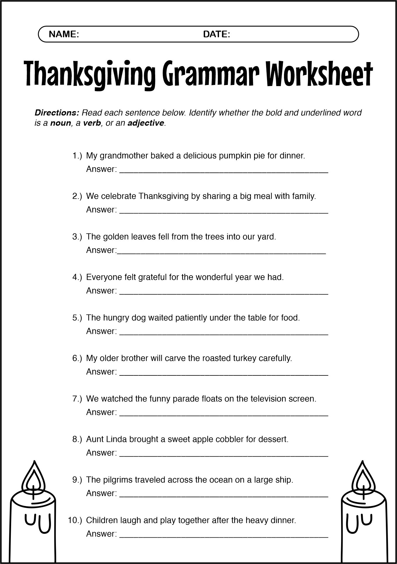 Thanksgiving Grammar Worksheets for Fourth Graders