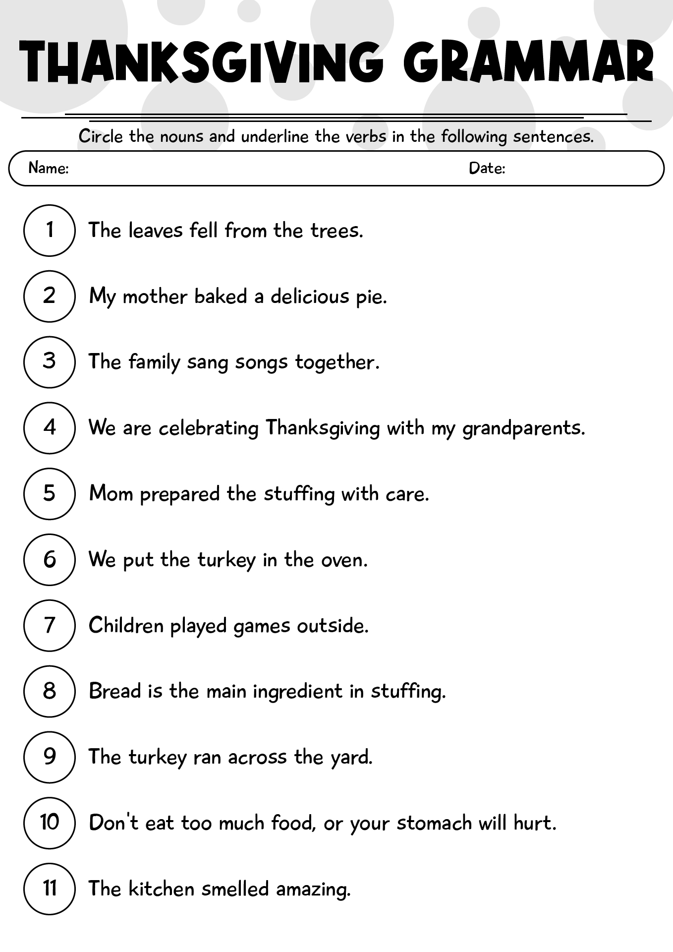 Thanksgiving Grammar Worksheets