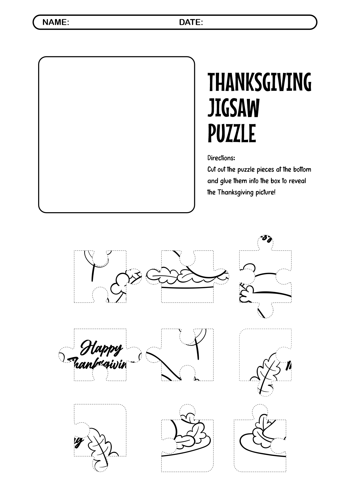 Thanksgiving Jigsaw Puzzle Worksheets