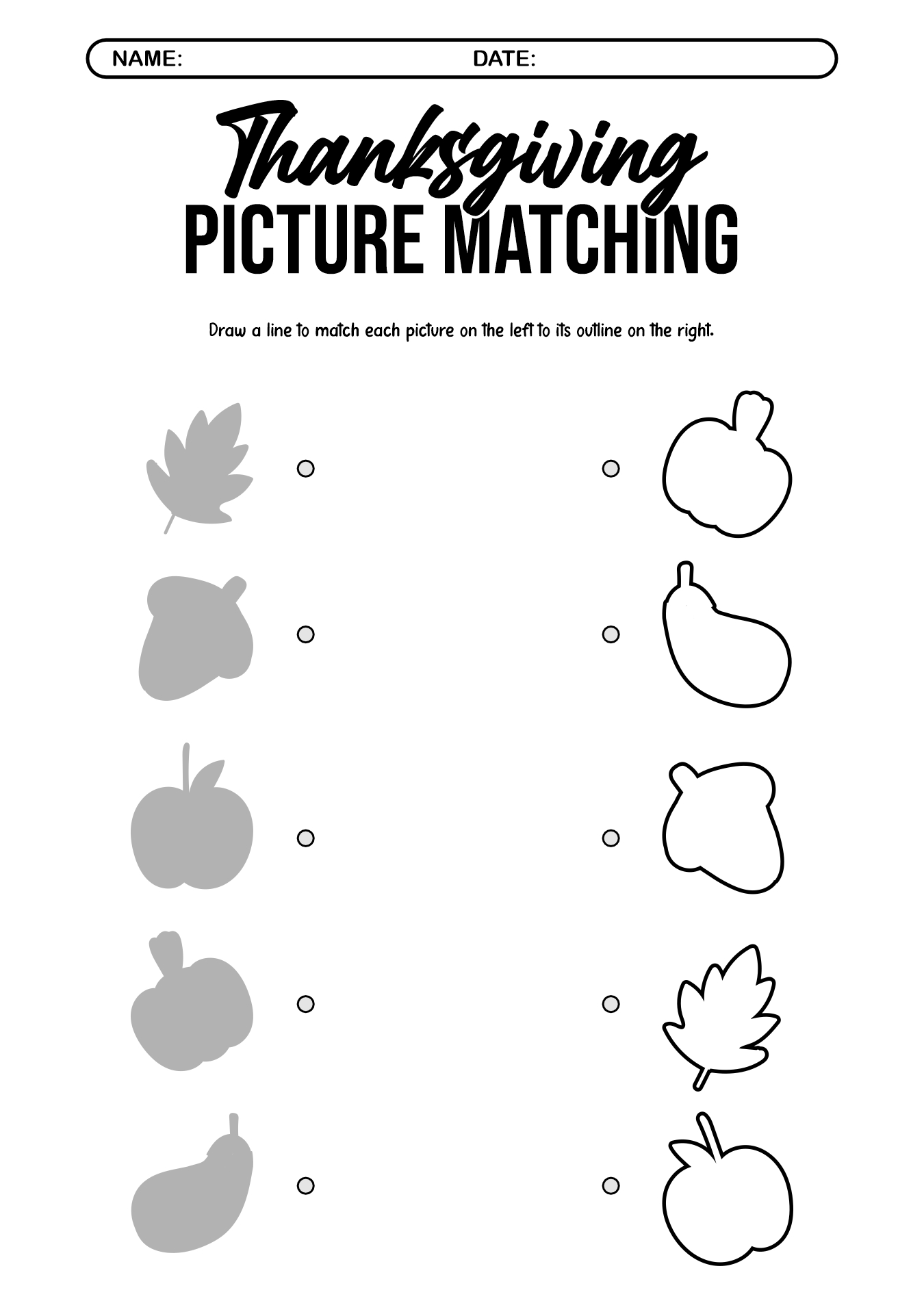 Thanksgiving Matching Puzzle Worksheets