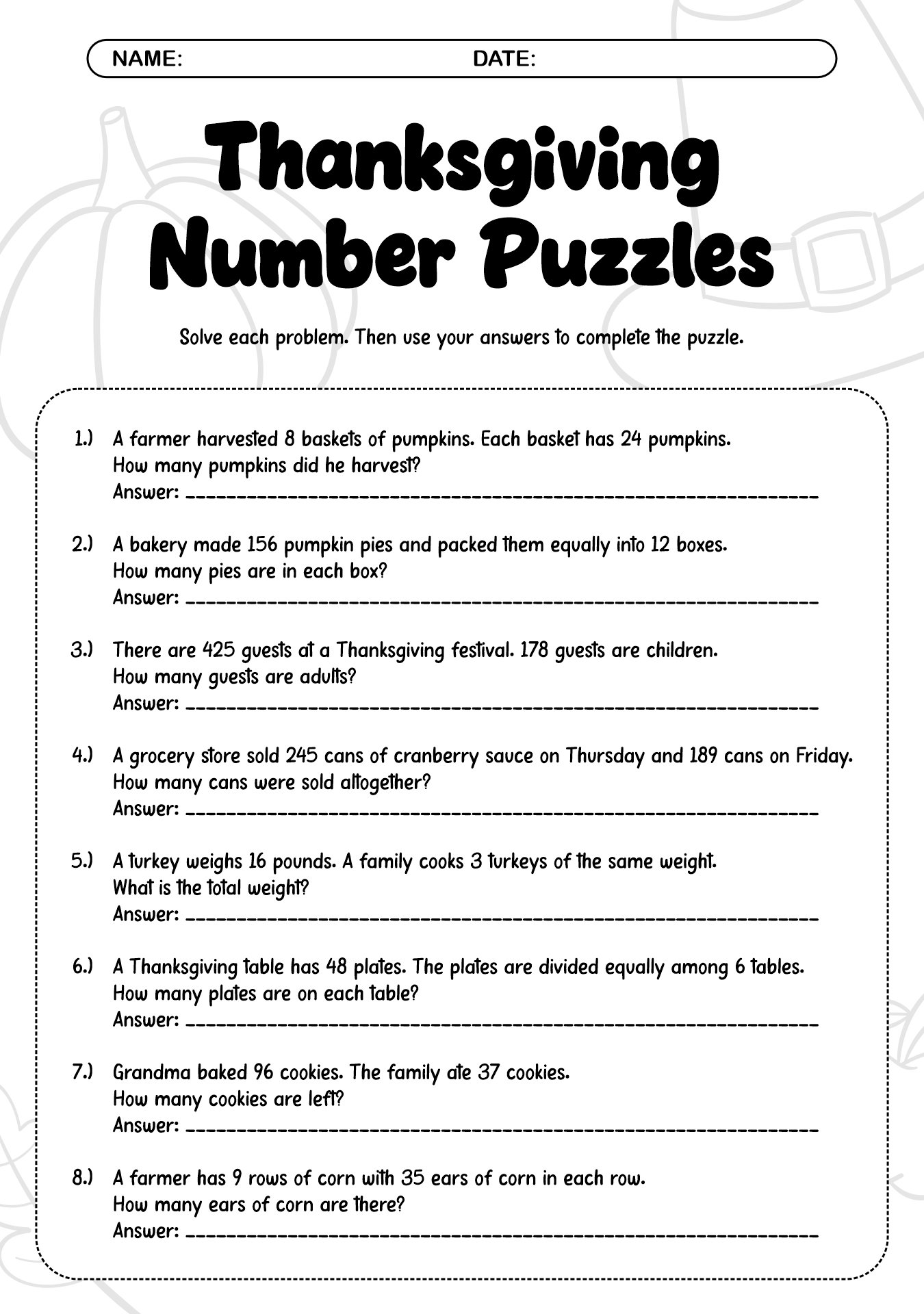 Thanksgiving Math Puzzles for 4th Graders