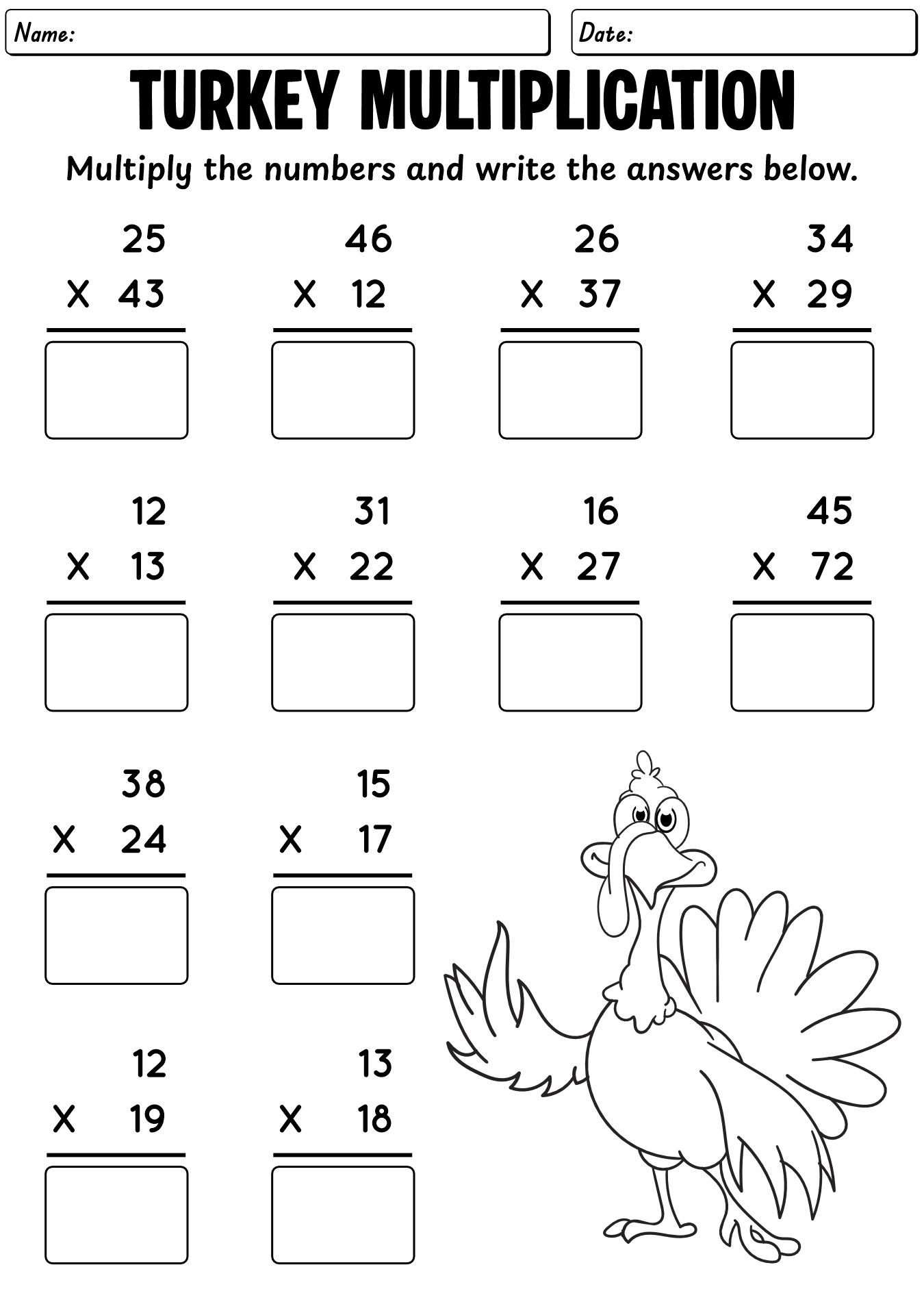 Thanksgiving Math Turkey Worksheet For 4th Grade