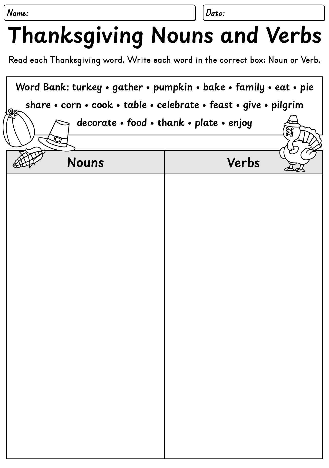 Thanksgiving Nouns And Verbs Worksheet