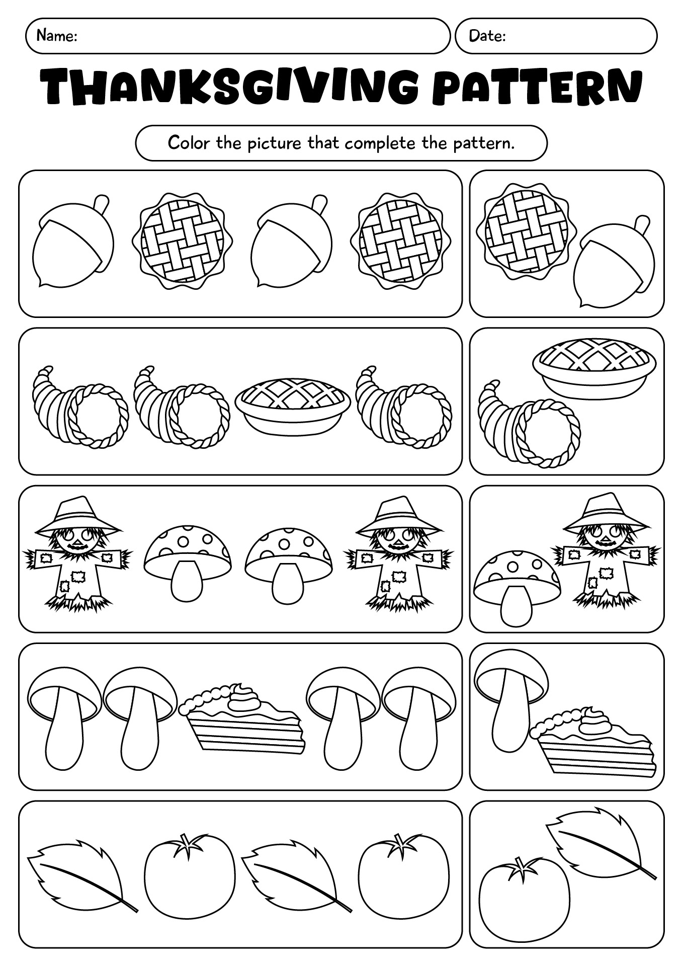 Thanksgiving Pattern Practice Worksheet