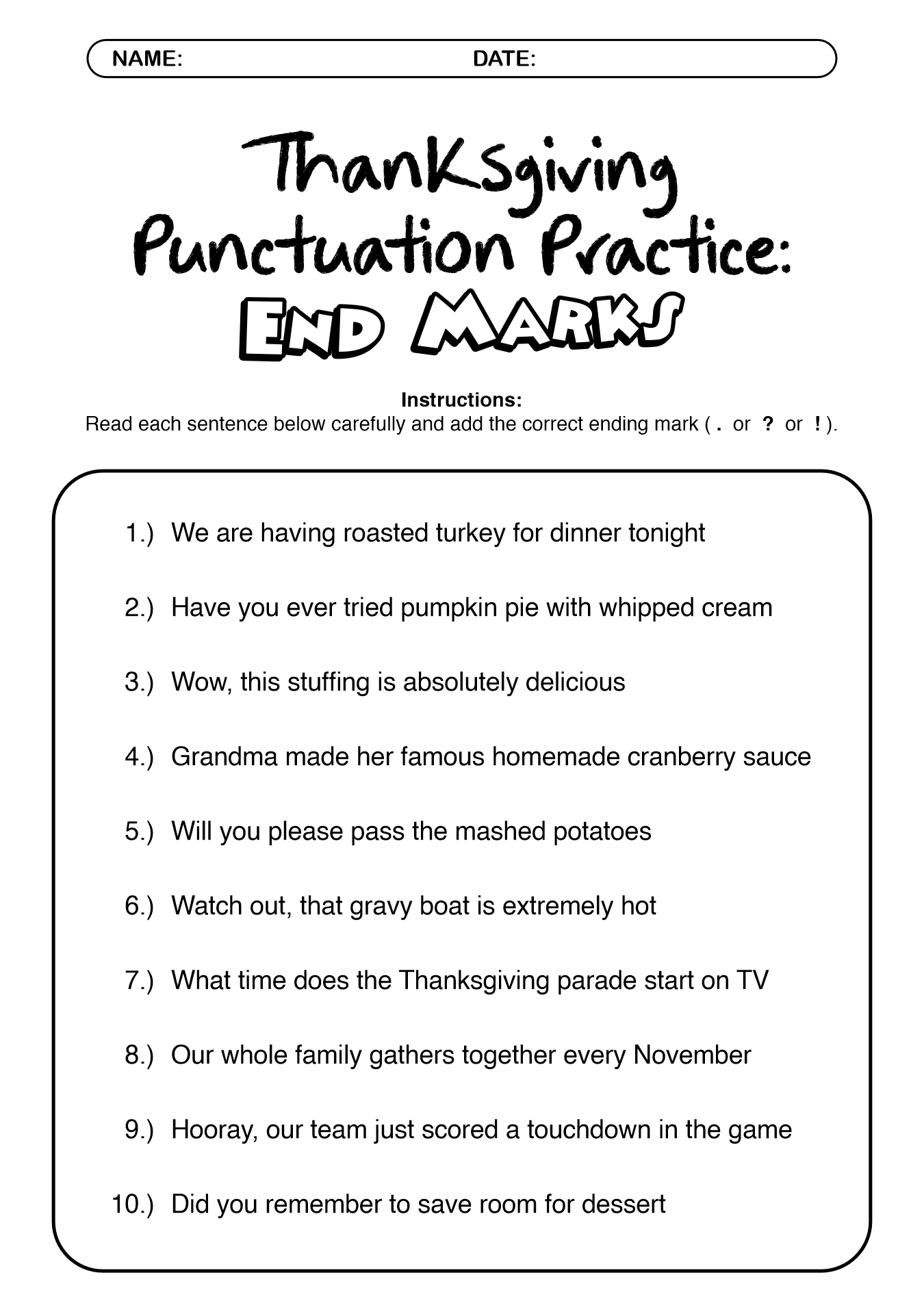 Thanksgiving Punctuation Practice Worksheet