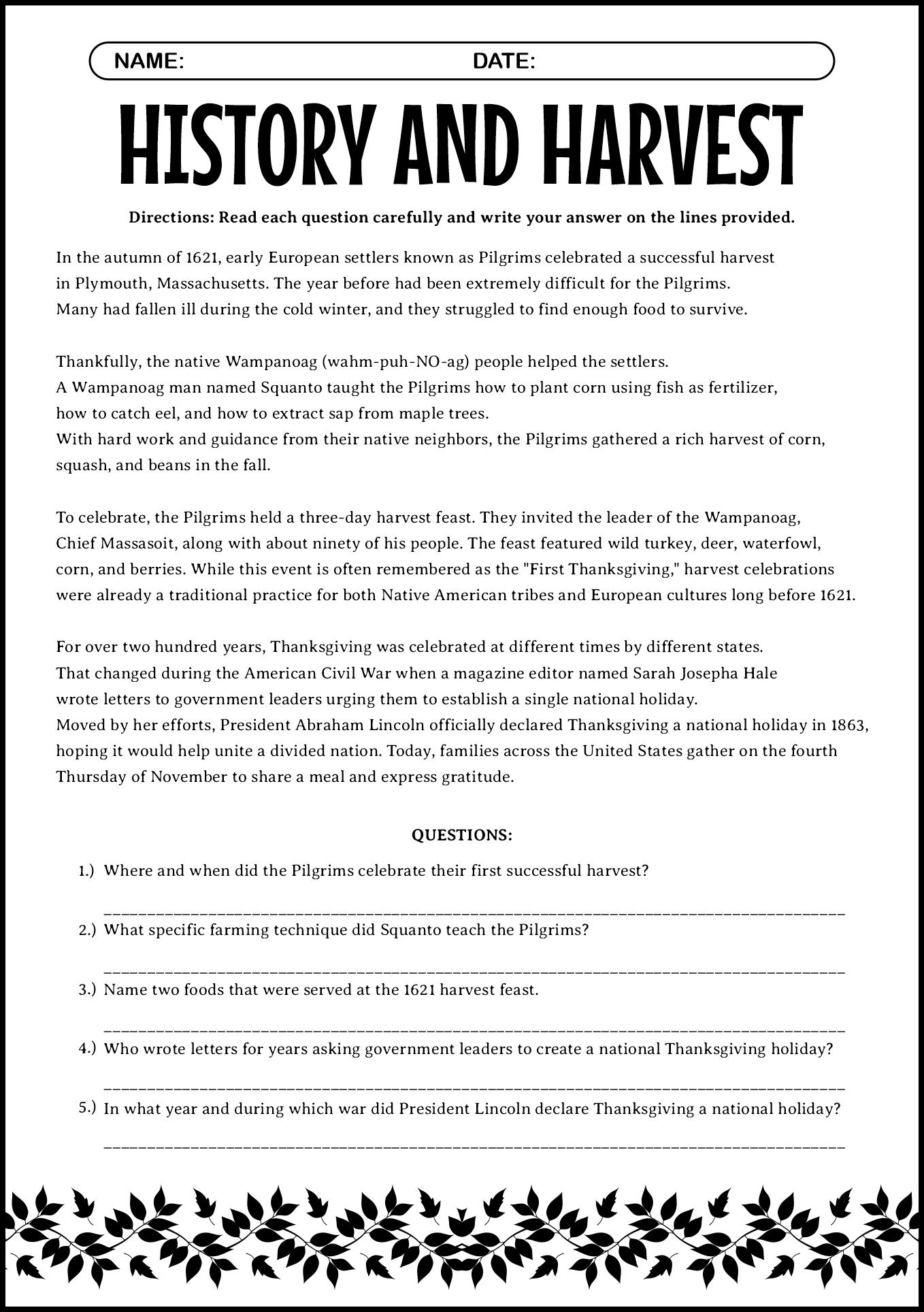 Thanksgiving Reading Comprehension Worksheets 4th Grade