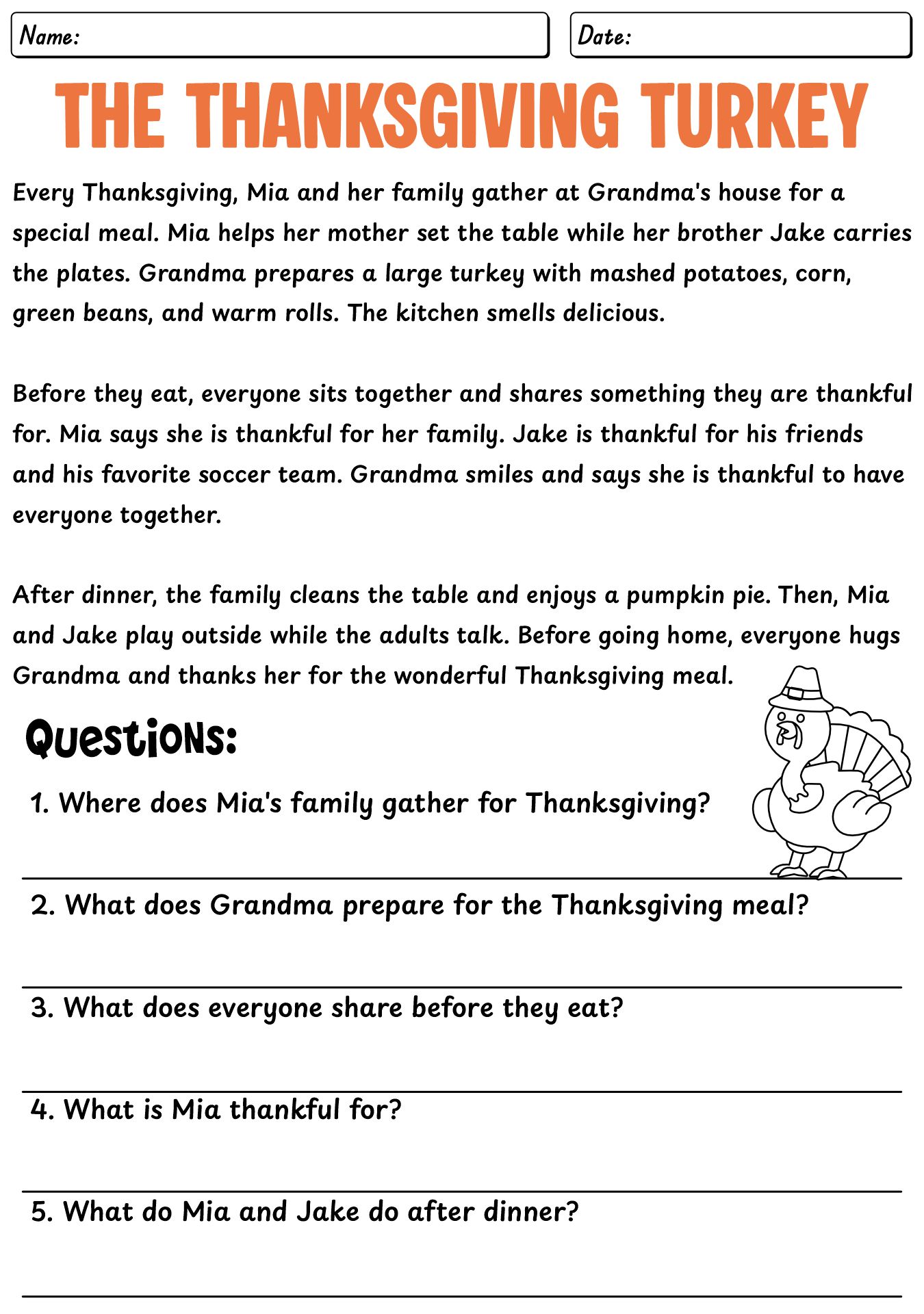 Thanksgiving Reading Comprehension Worksheets