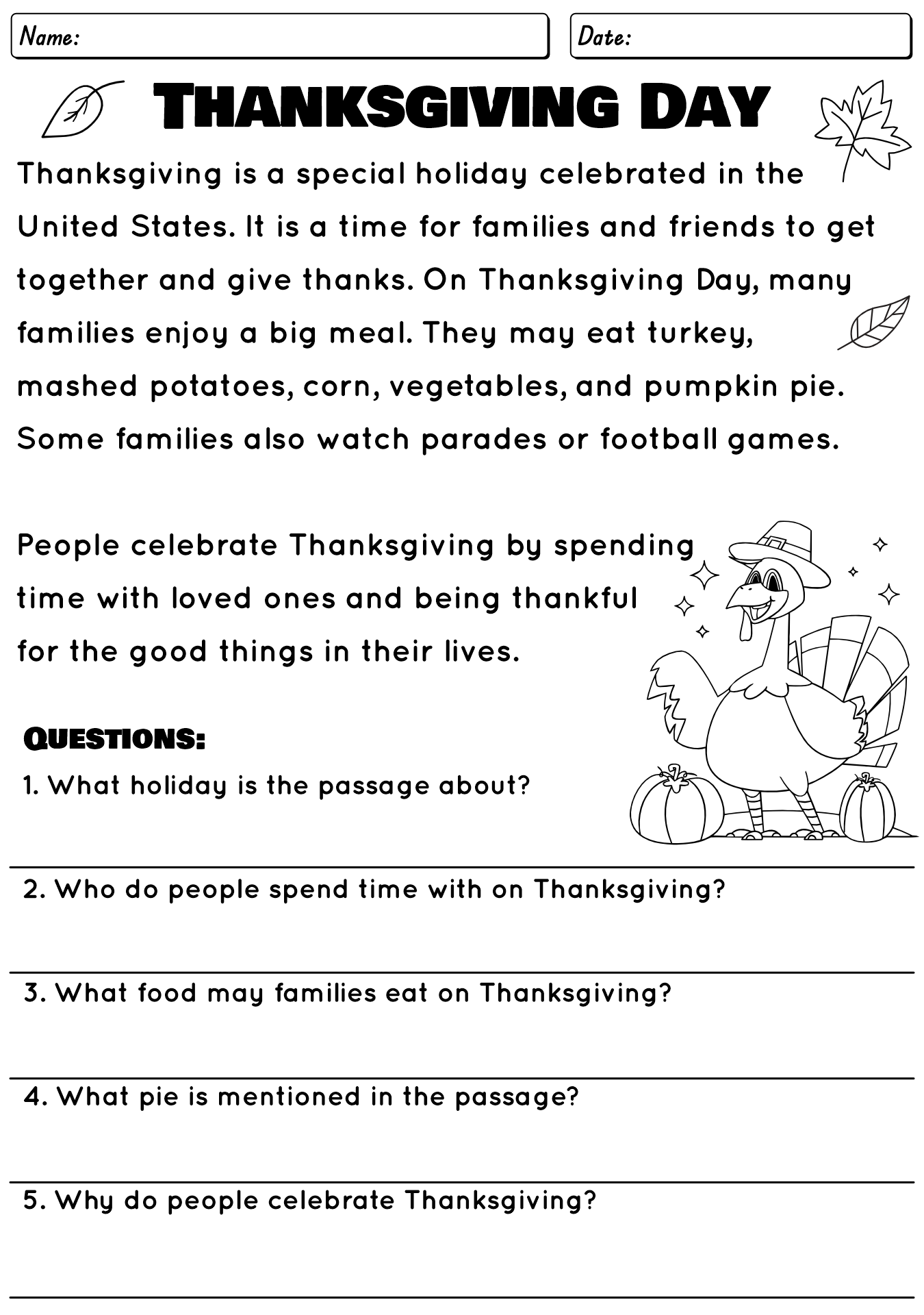 Thanksgiving Reading Worksheet