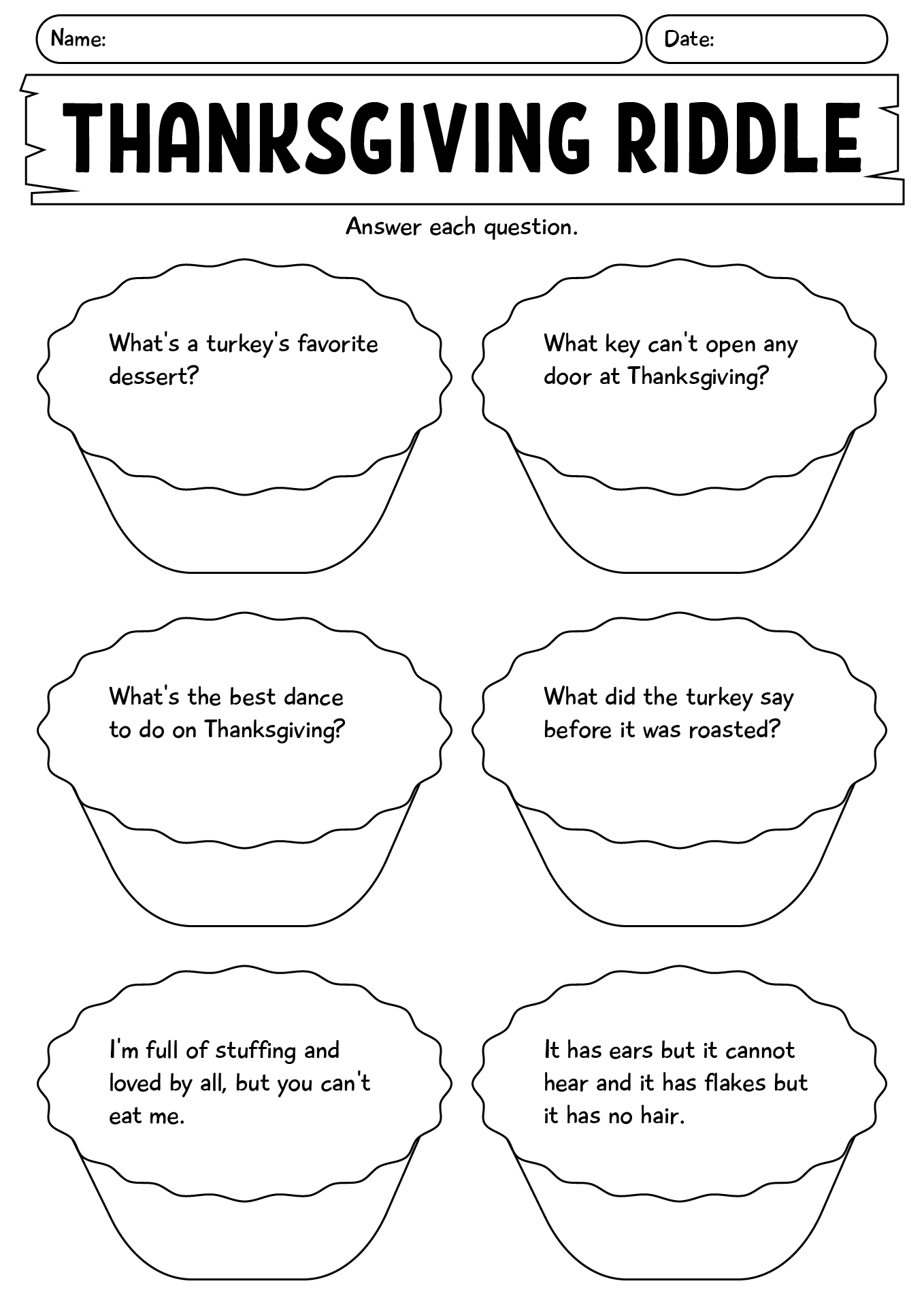 Thanksgiving Riddle Worksheet For Kids