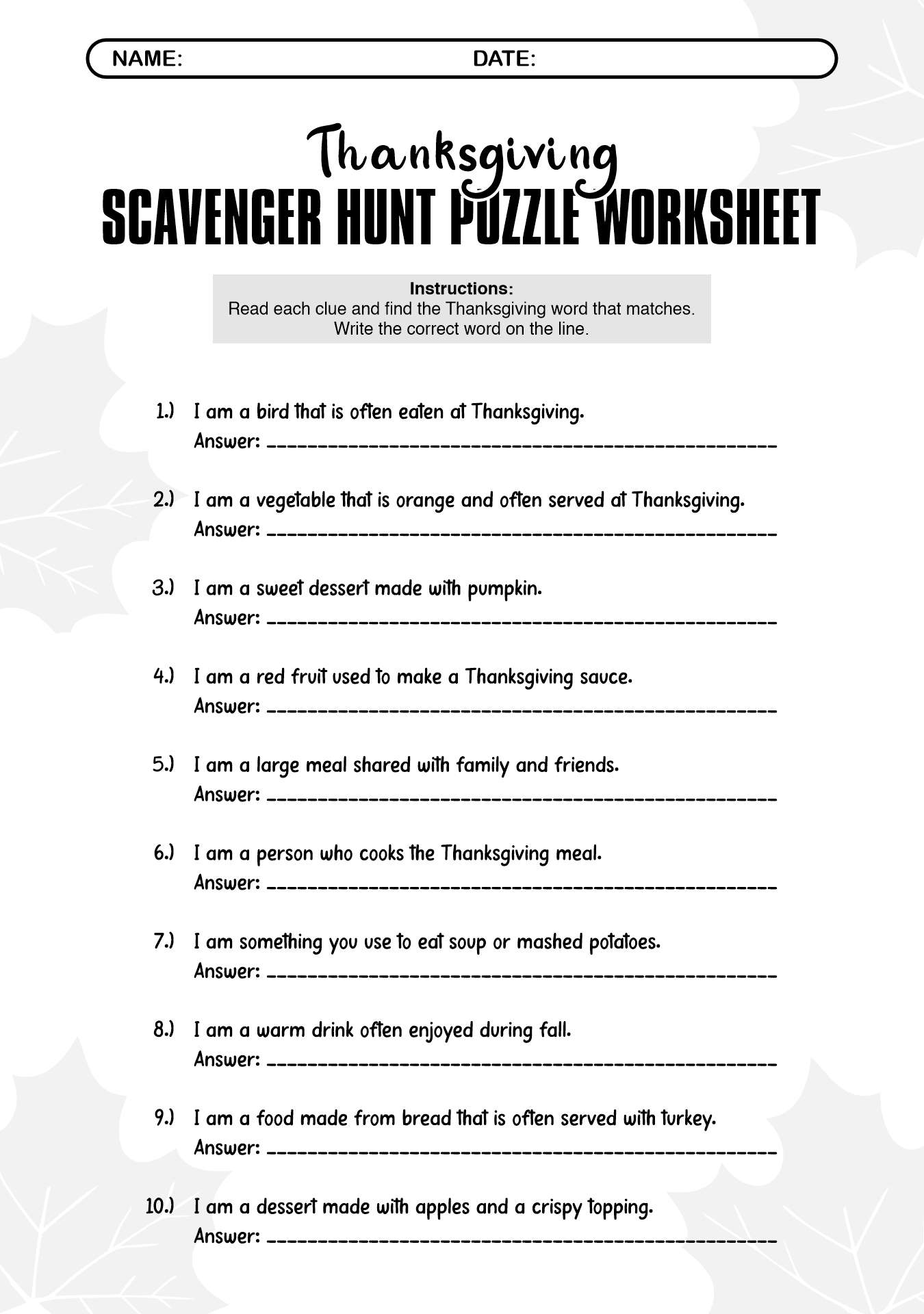 Thanksgiving Scavenger Hunt Puzzle Worksheets