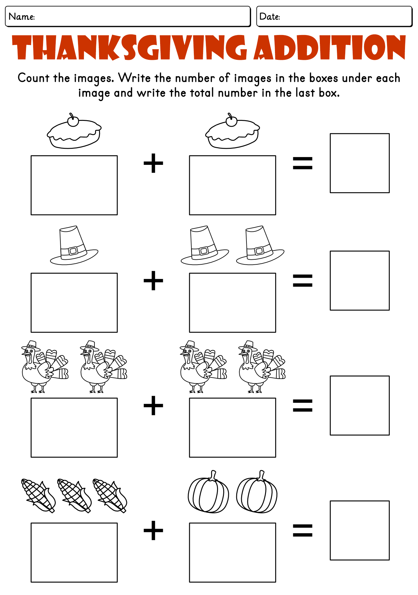 Thanksgiving Simple Addition Worksheet