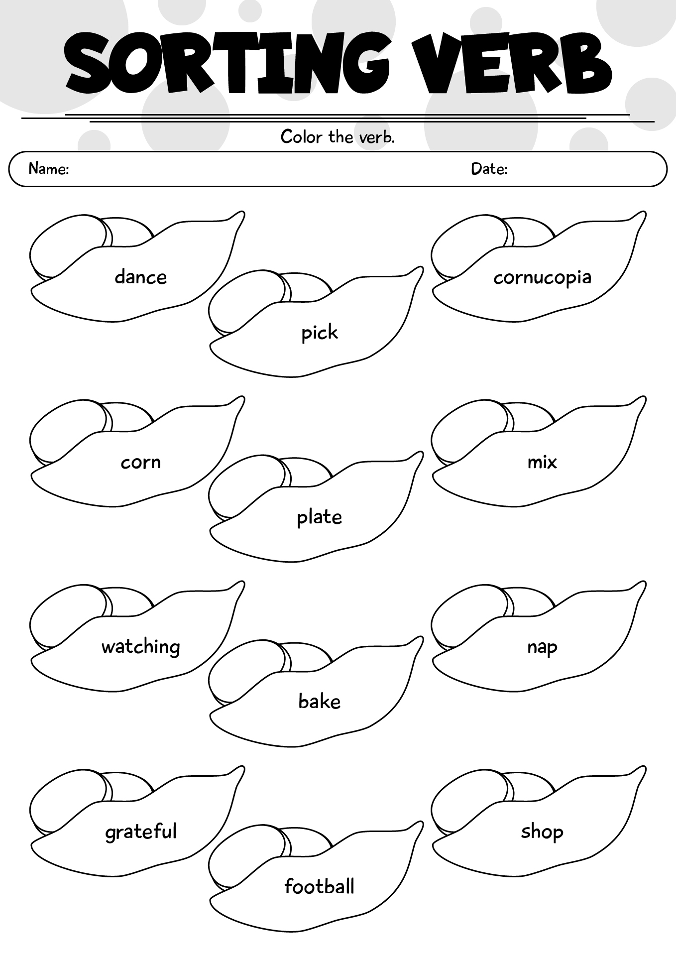 Thanksgiving Sorting Verb Worksheet
