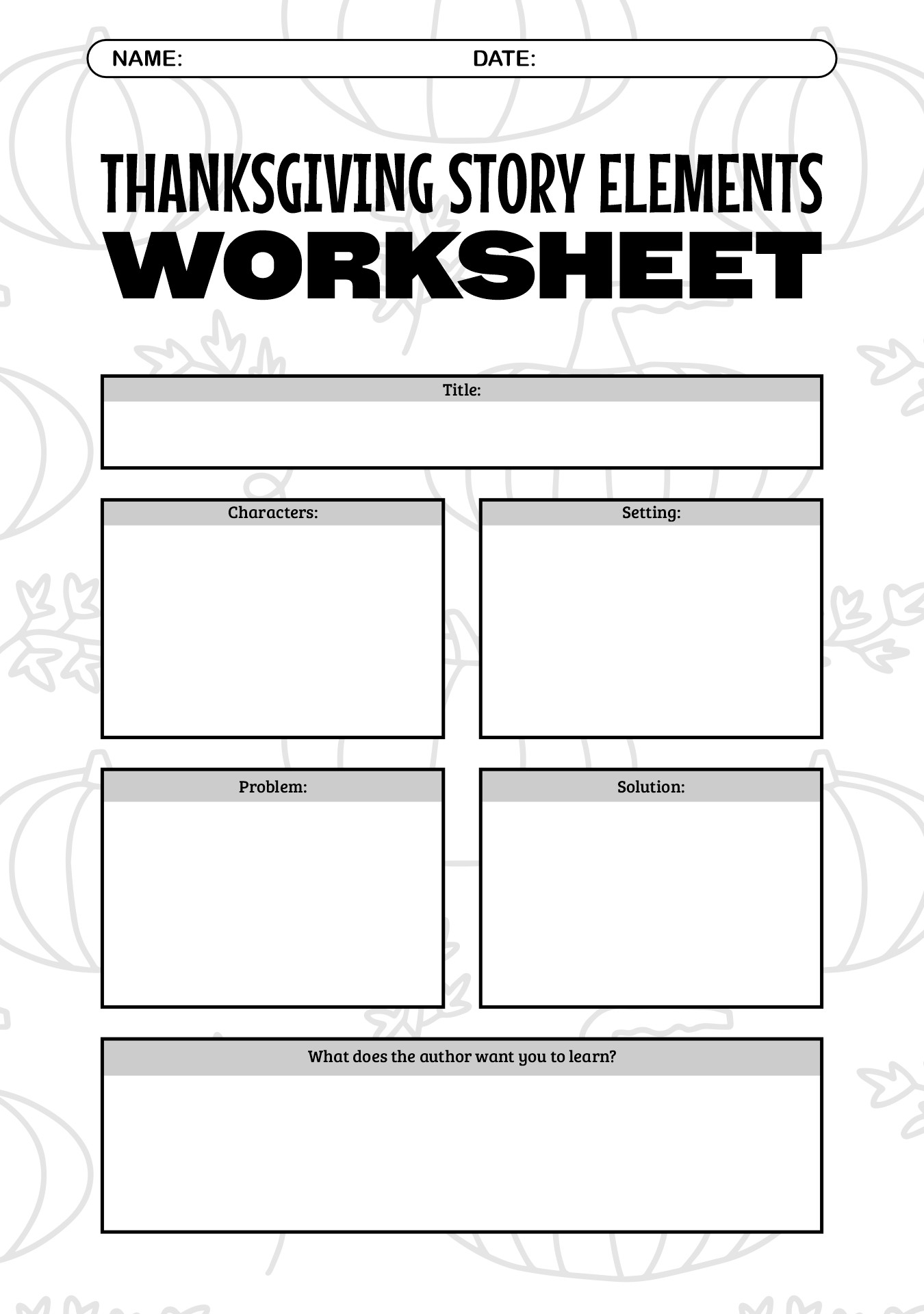 Thanksgiving Story Elements Worksheets
