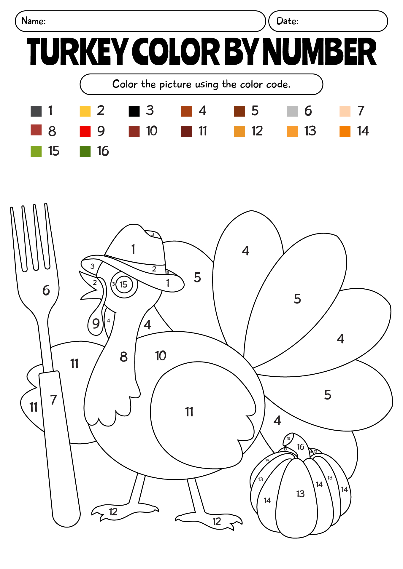 Thanksgiving Turkey Color By Number Worksheet