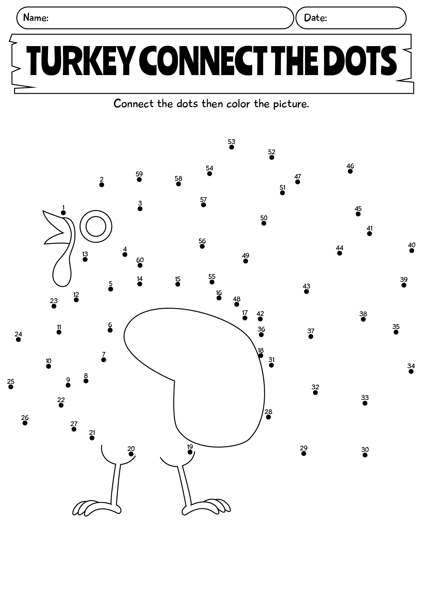 Thanksgiving Turkey Connect The Dots Printable Worksheet