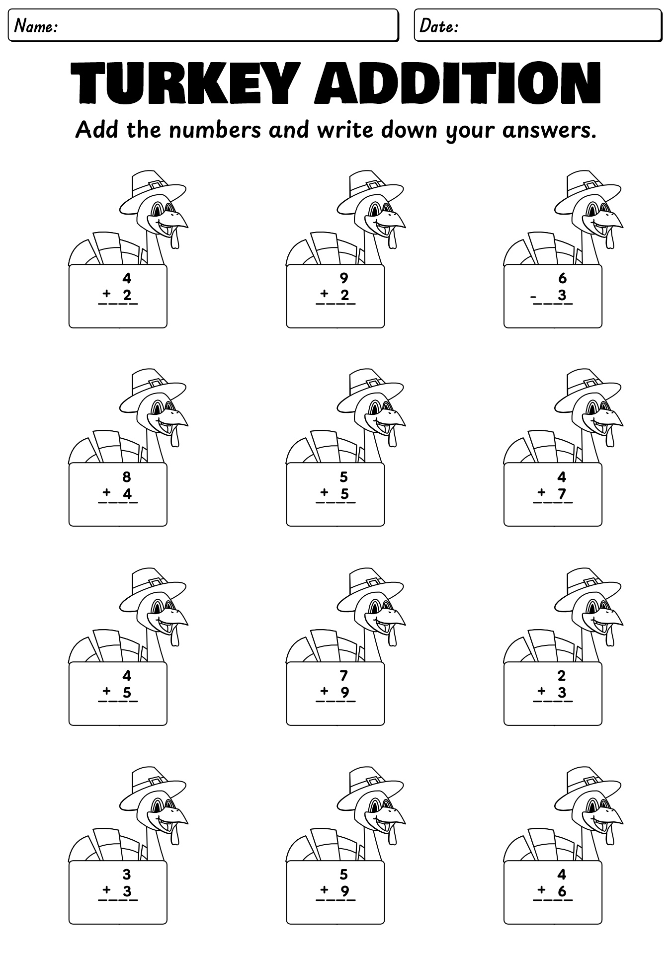 Thanksgiving Turkey Math Activities for 1st Grade