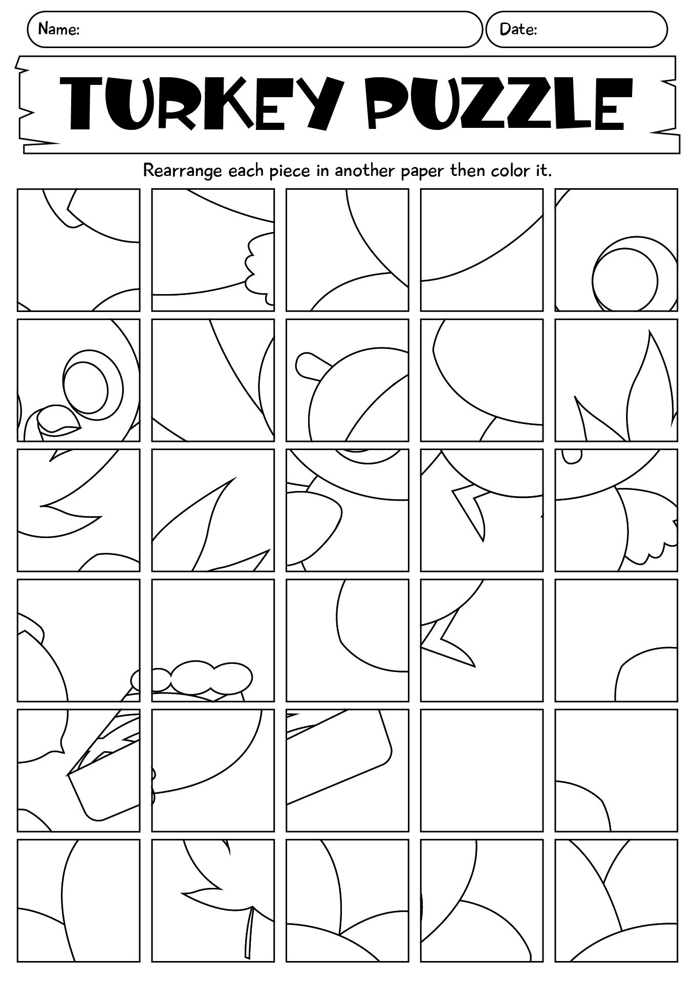 Thanksgiving Turkey Puzzle Printable Worksheet