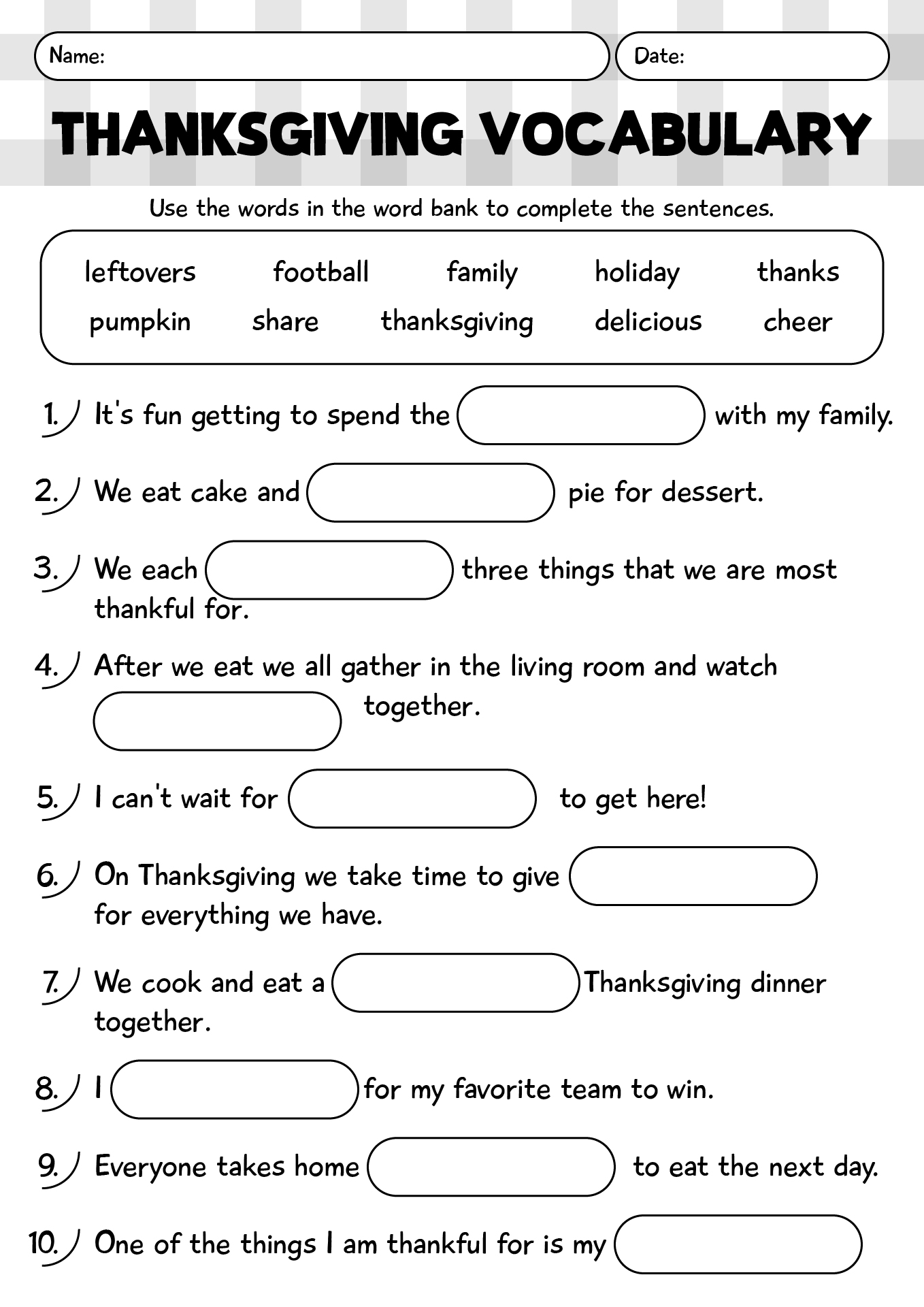 Thanksgiving Vocabulary Fill-in Worksheet