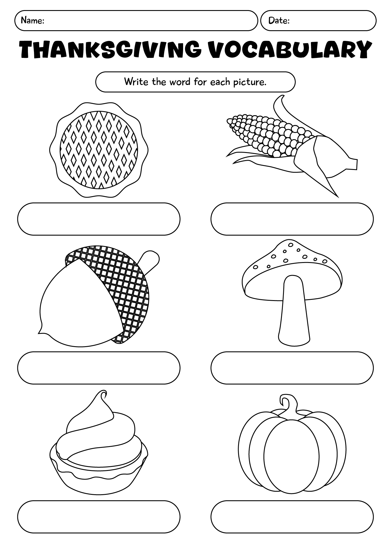Thanksgiving Vocabulary Kindergarten Worksheet