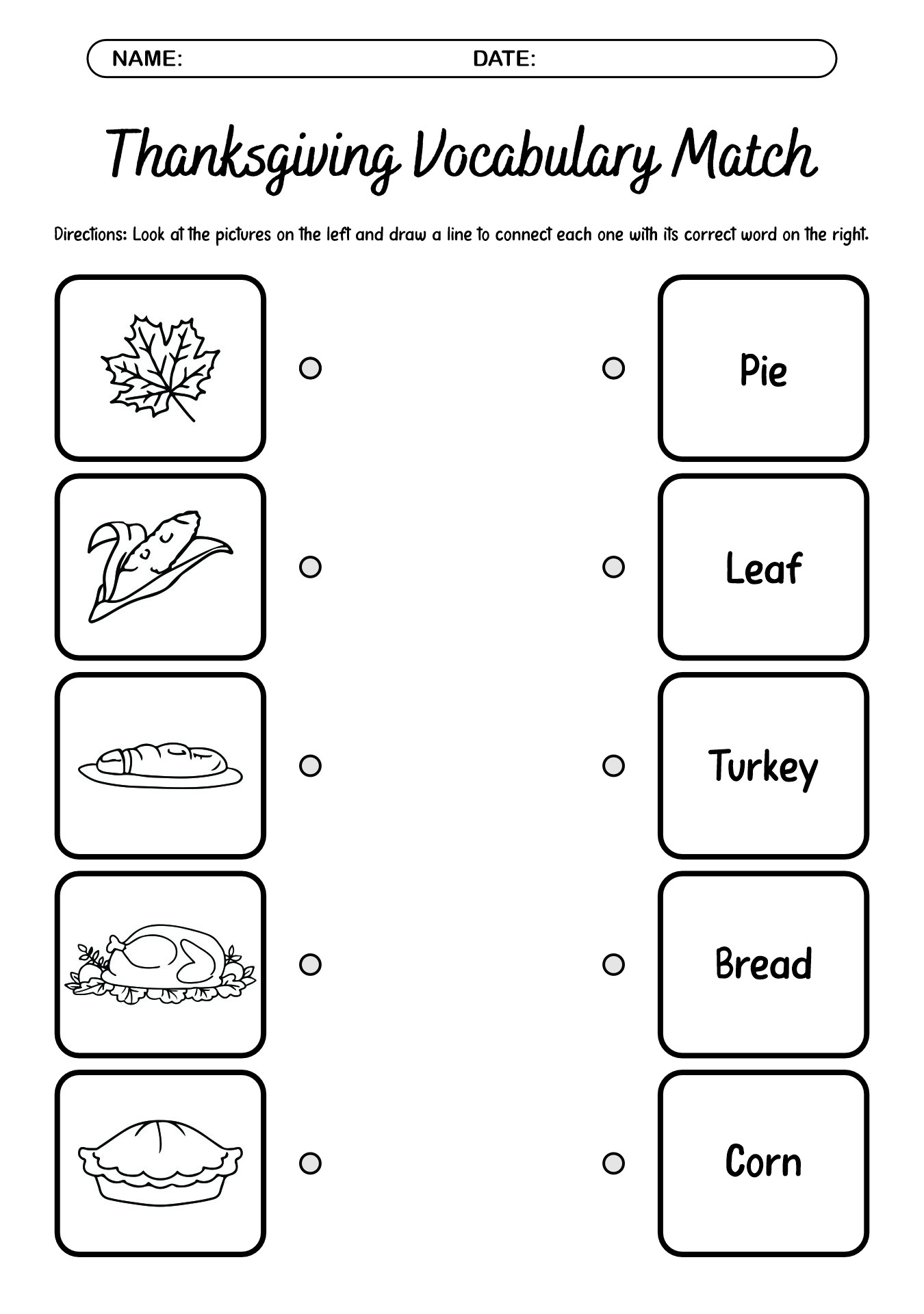 Thanksgiving Vocabulary Match Worksheets