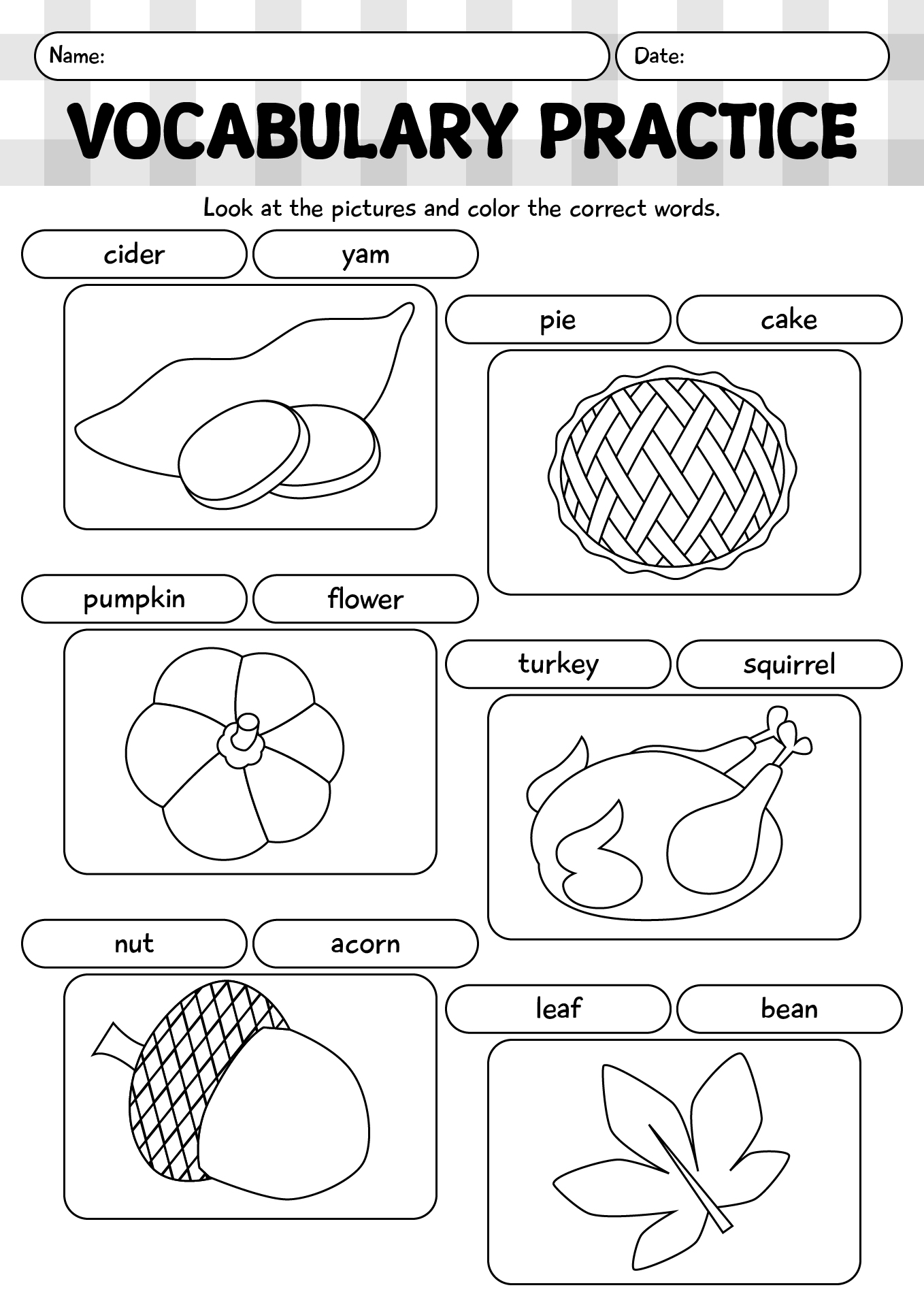 Thanksgiving Vocabulary Practice Worksheet