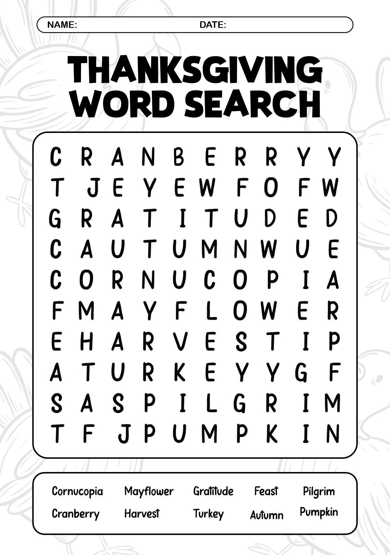 Thanksgiving Vocabulary Word Search Worksheets