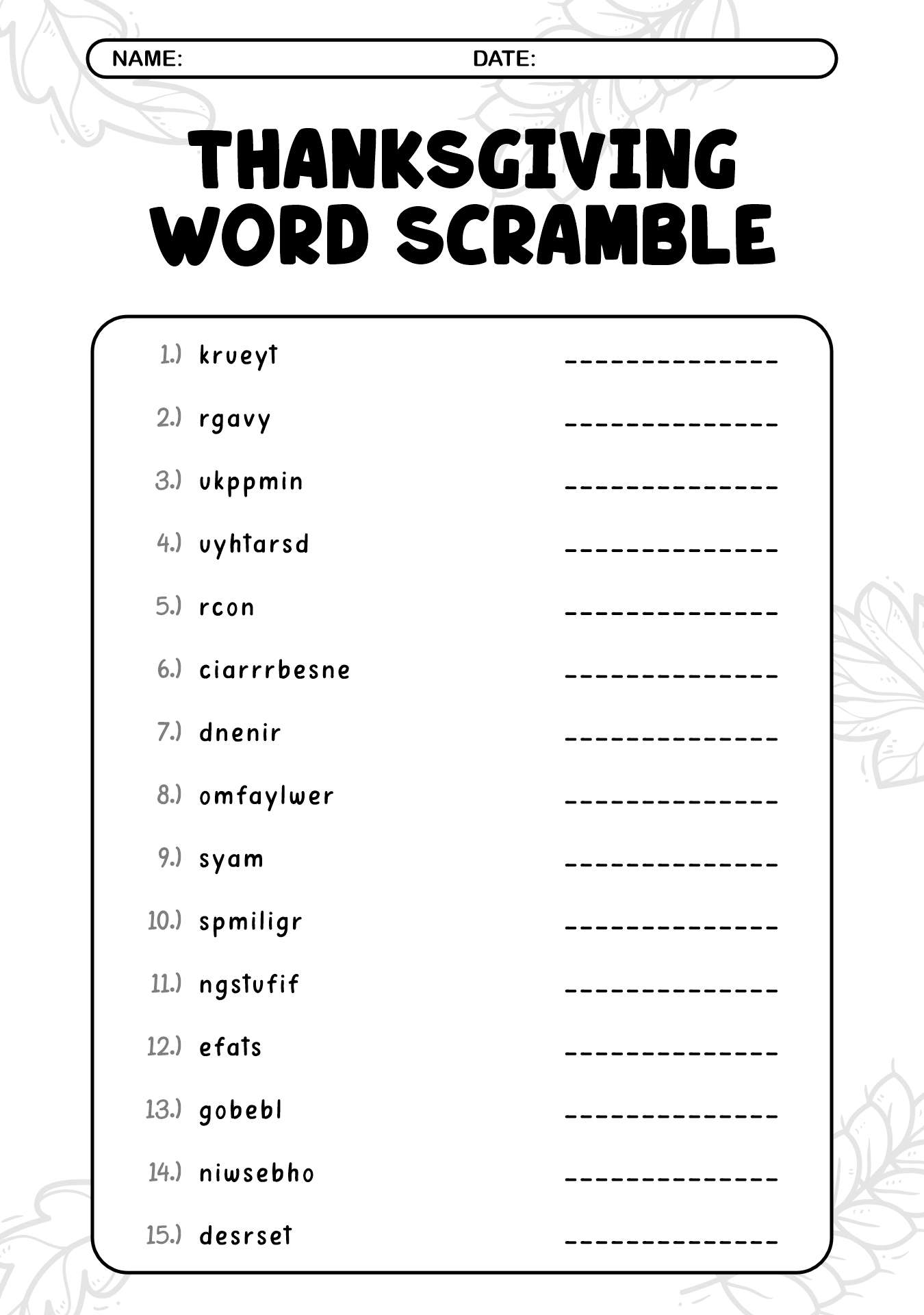 Thanksgiving Word Scramble Puzzle Worksheets